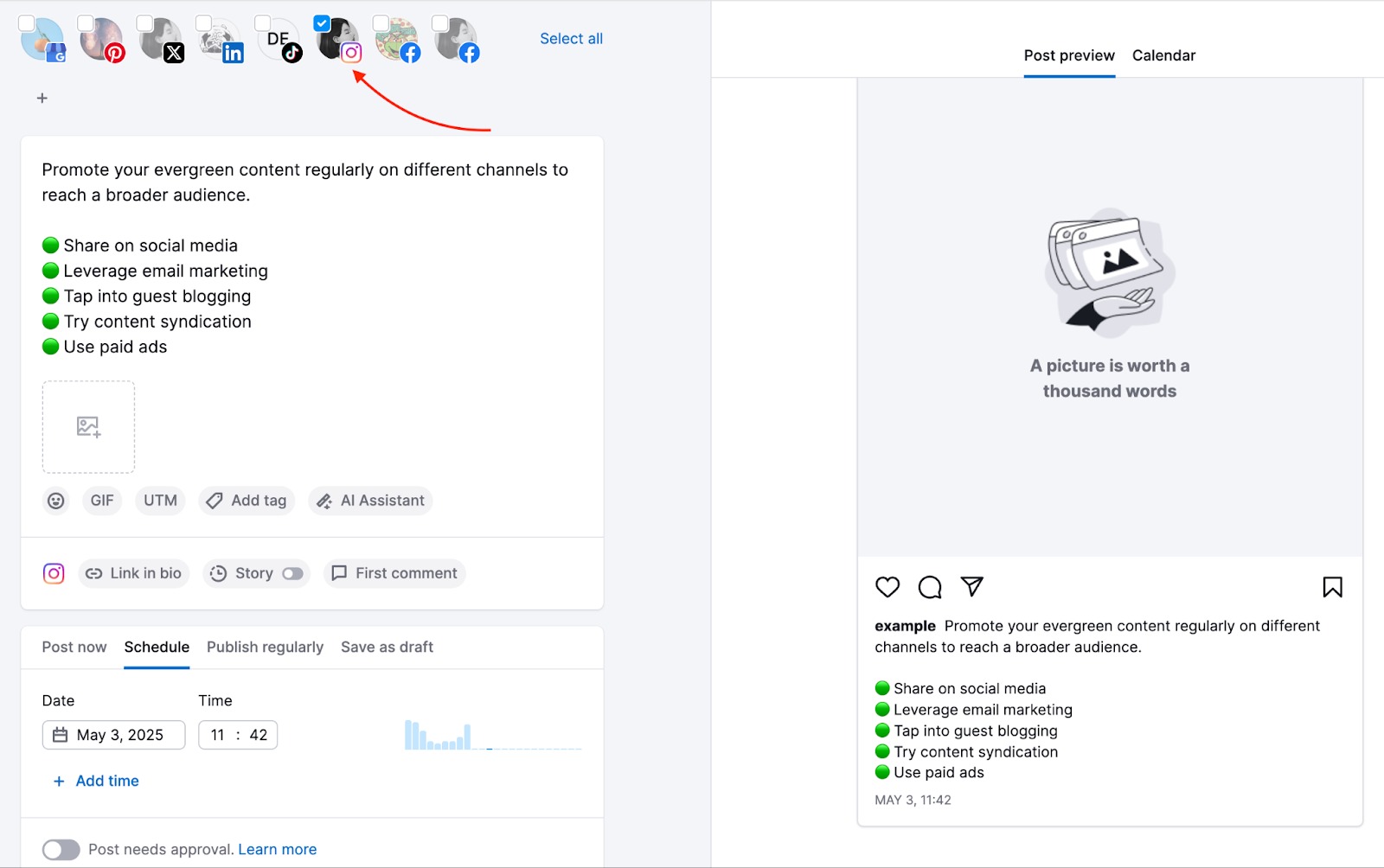 Instagram account is selected at the top of the Post editor.