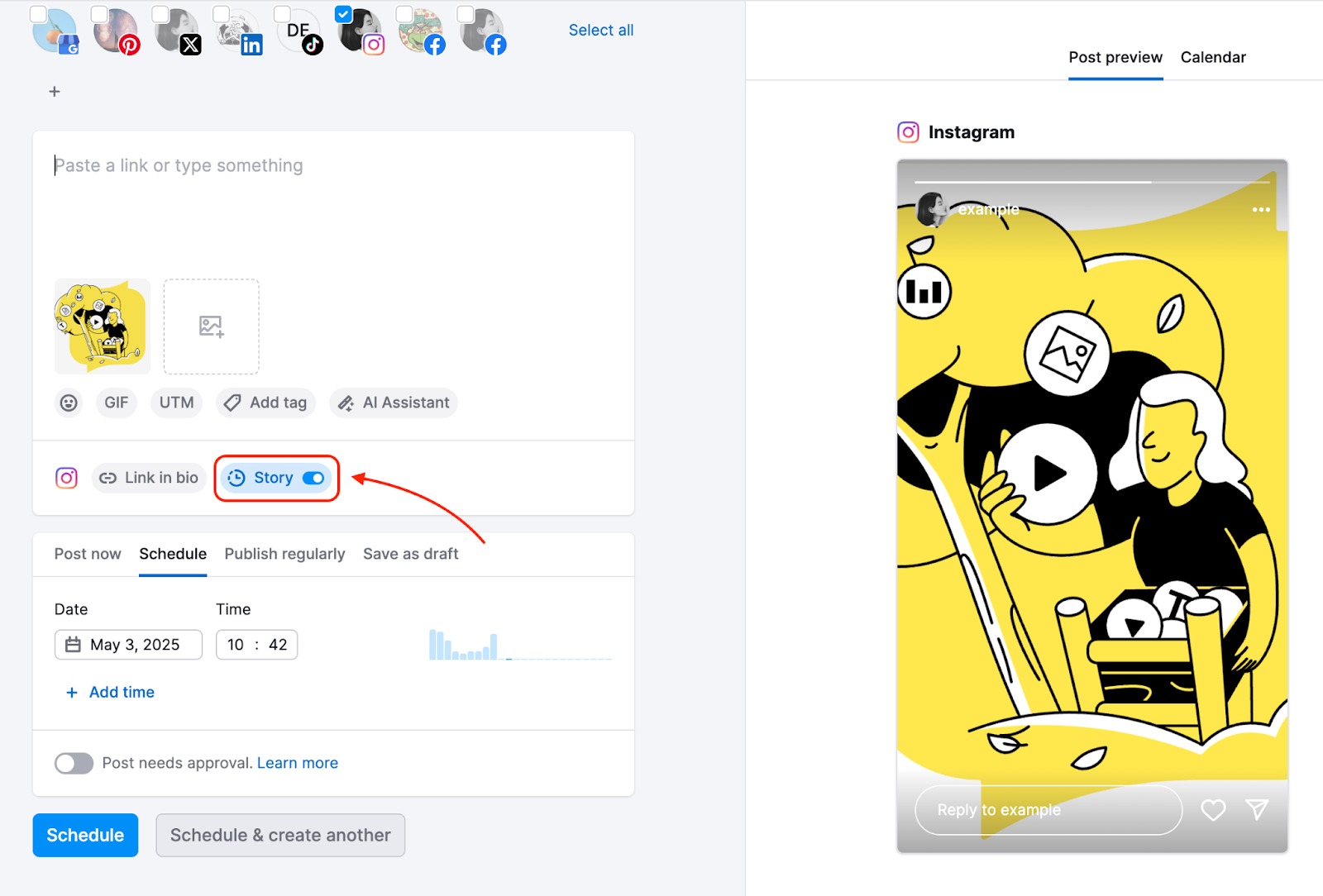 A Story switcher is highlighted at the bottom of the Post editor.