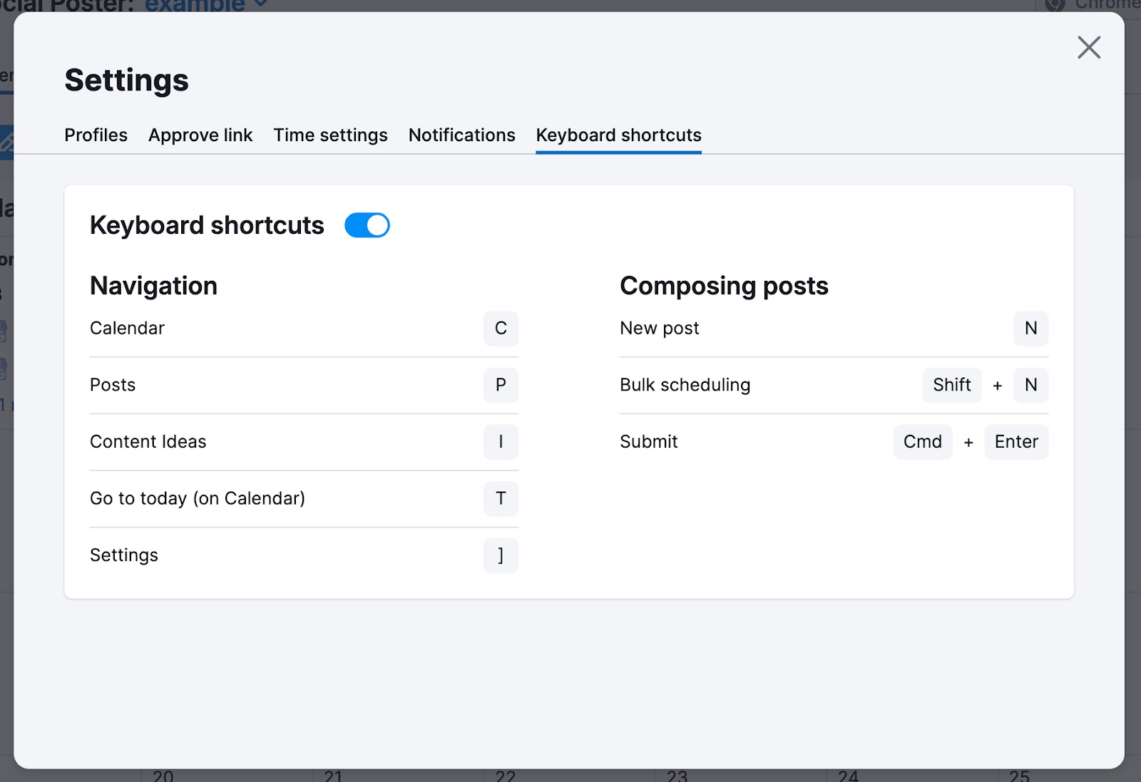 Keyboard shortcuts settings open in Social Poster.
