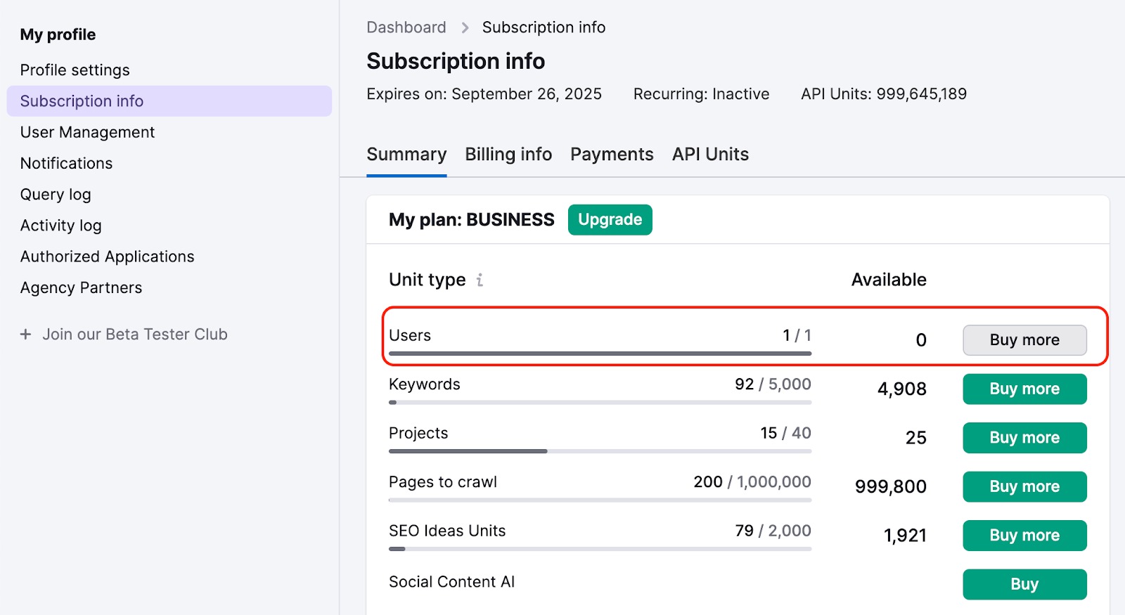 The Subscription Info page with the Users section at the top of the list highlighted with a red rectangle. 