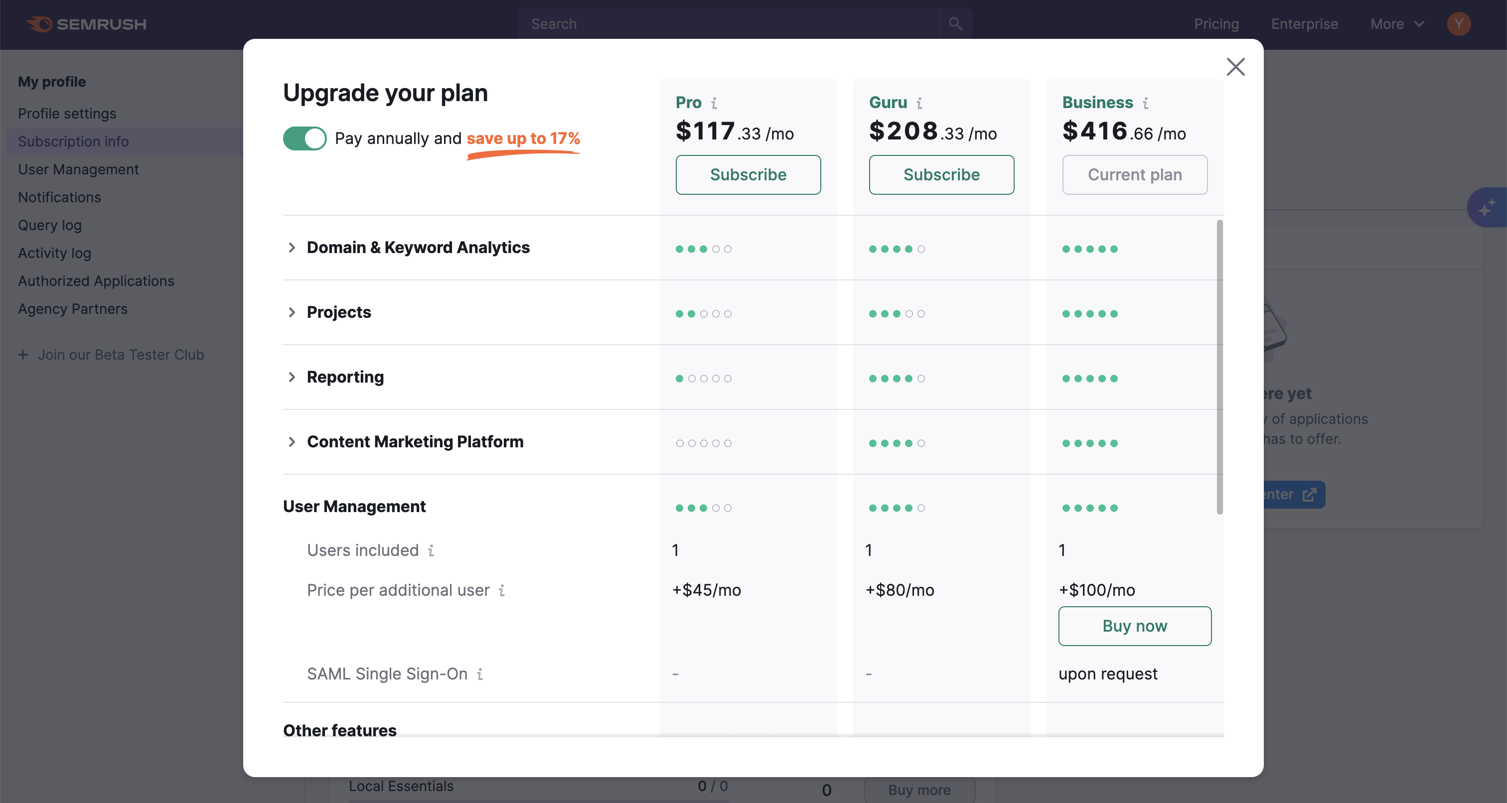 A pop-up window with annual and monthly prices appears by clicking the Upgrade button in the Summary tab, Subscription Info page.