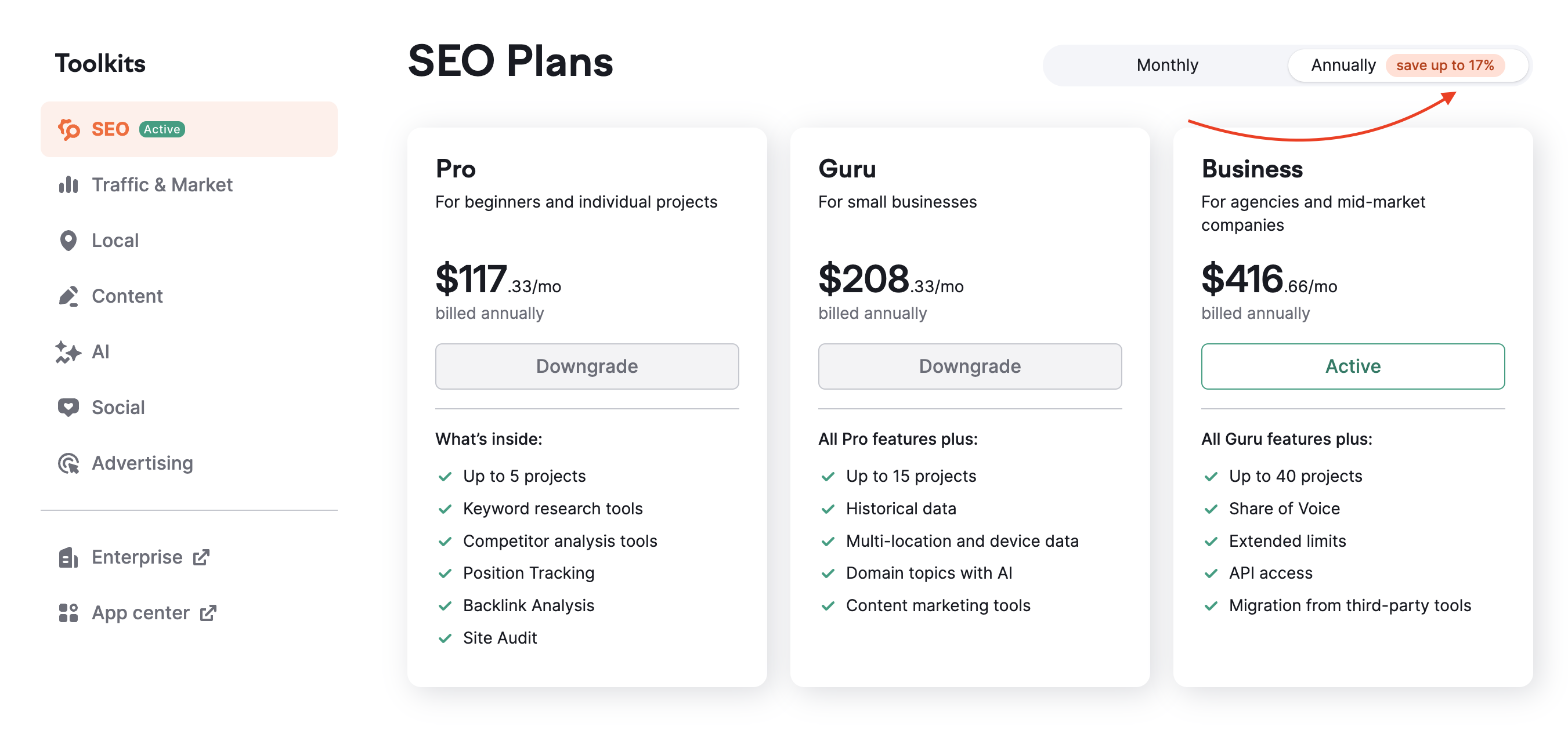 Pricing page shows how by activating 'Pay annually' switcher you can check the difference between annual and monthly prices.