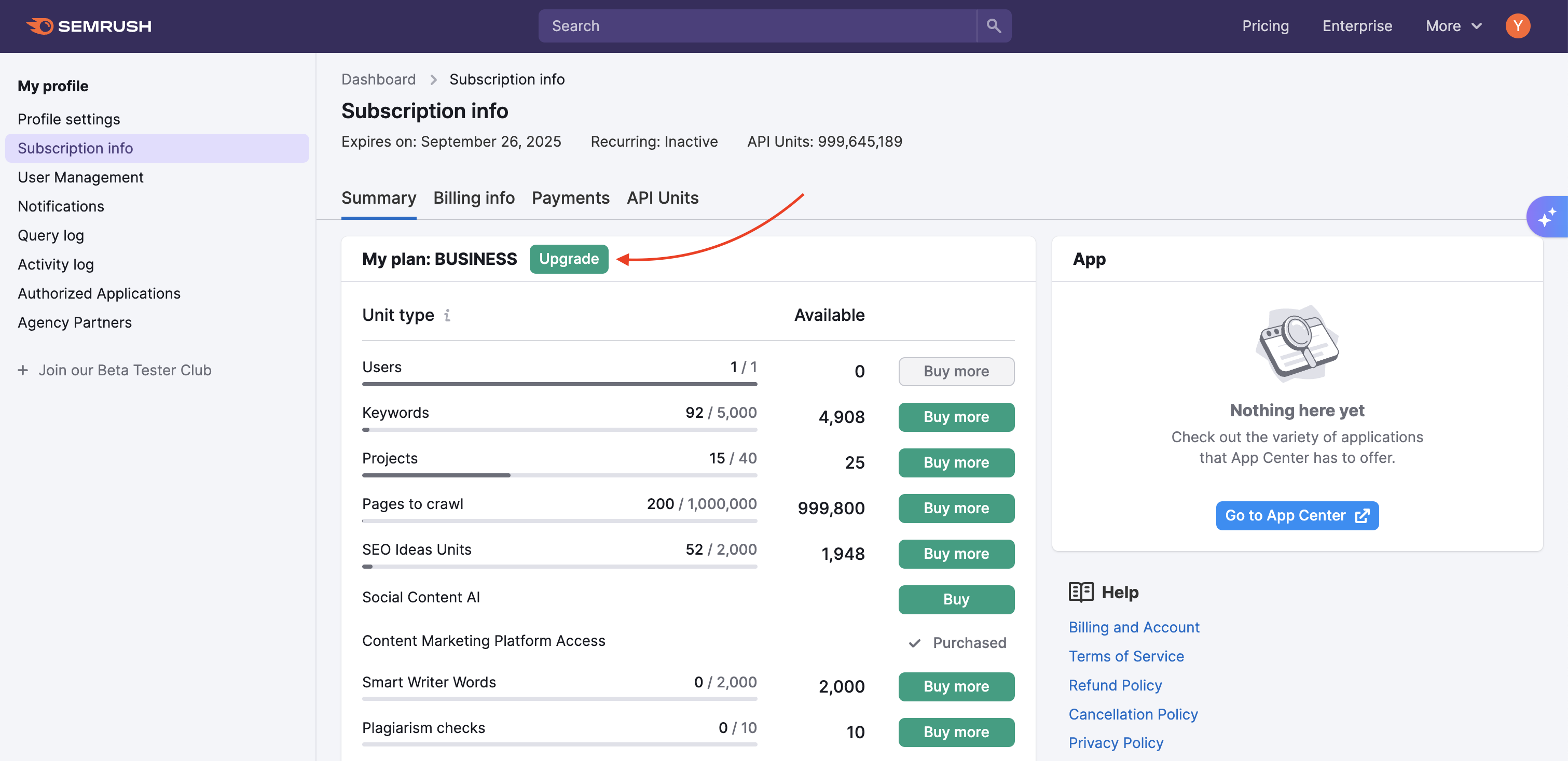 Subscription Info interface displaying an Upgrade button.