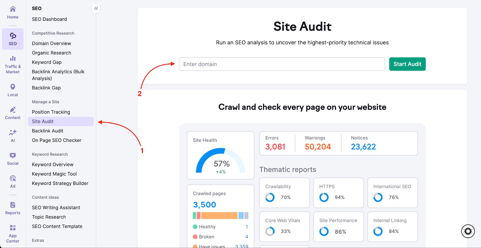 An example of Site Audit starting page that shows up if no projects have been created yet. Two red arrows are present - one is pointing at the name of the tool in the list on the left side to make it easier to find, and the second one is pointing at the search bar, prompting to enter a website and start a new project.