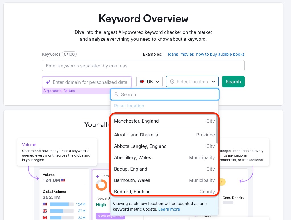 Keyword Overview landing page. A red rectangle highlights the local locations available. 