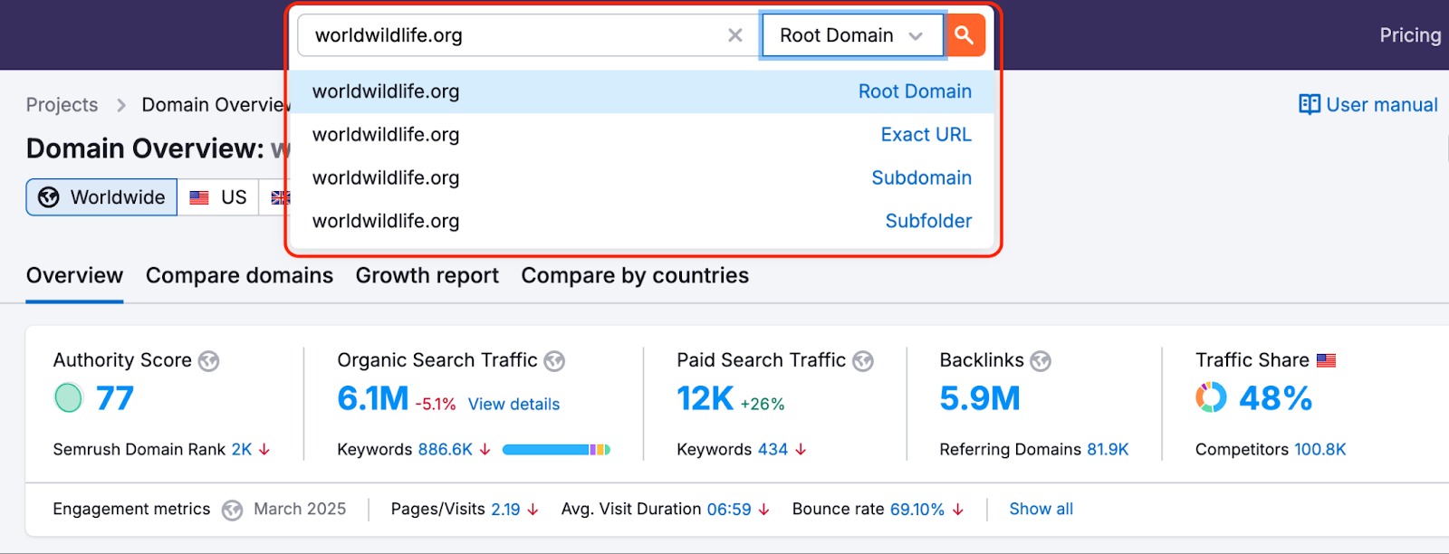 After entering a website into a search bar, open the dropdown menu via the arrow icon on the right. The list of available options (root domain, exact URL, subdomain, subfolder) will be available for selection.