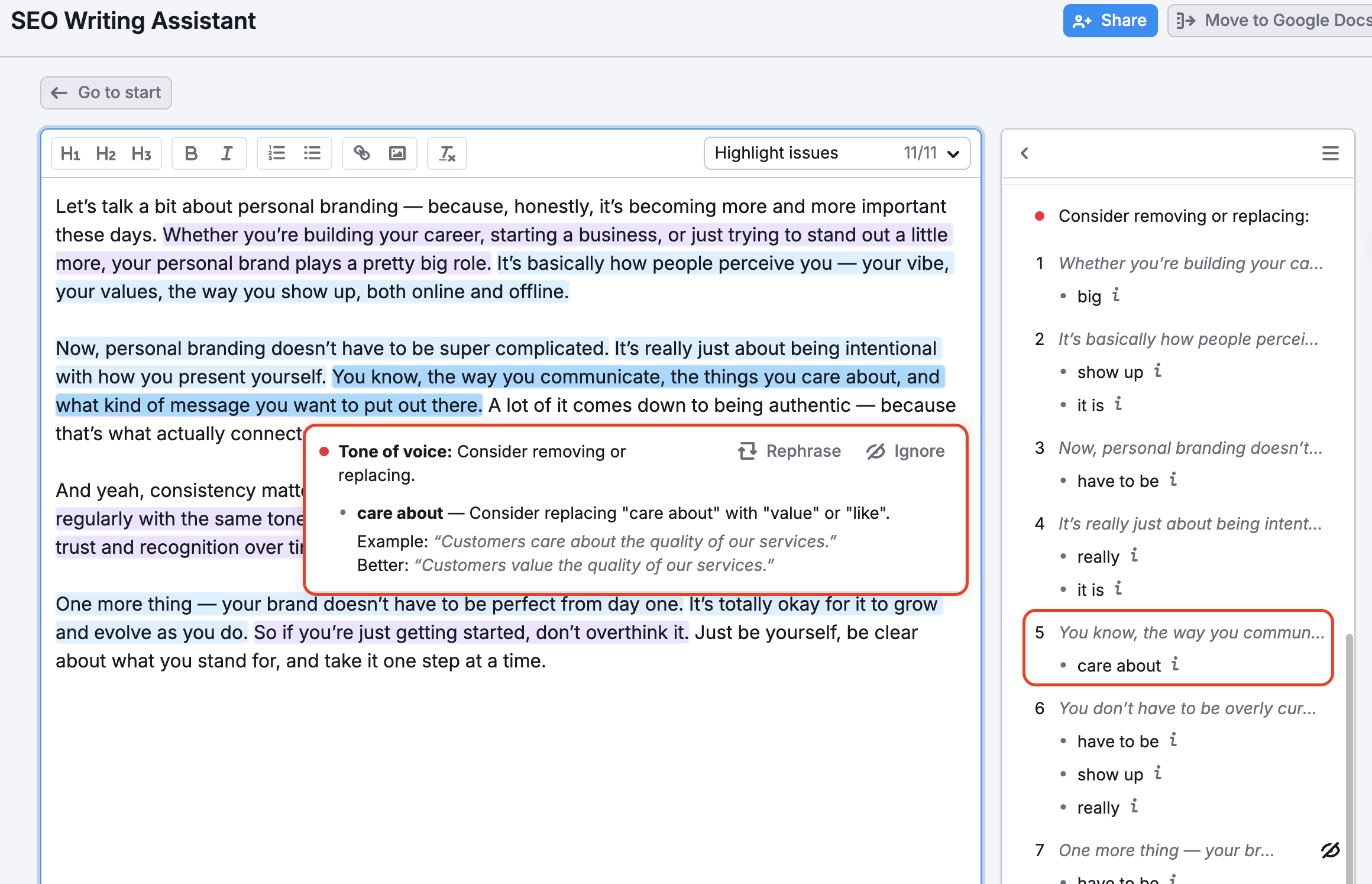 An example of how Tone of Voice shows filler words and phrases: in the menu on the right the suggestion is highlighted with a red rectangle, as well as the pop-up window with the expanded suggestion right above the text that needs rewriting. 