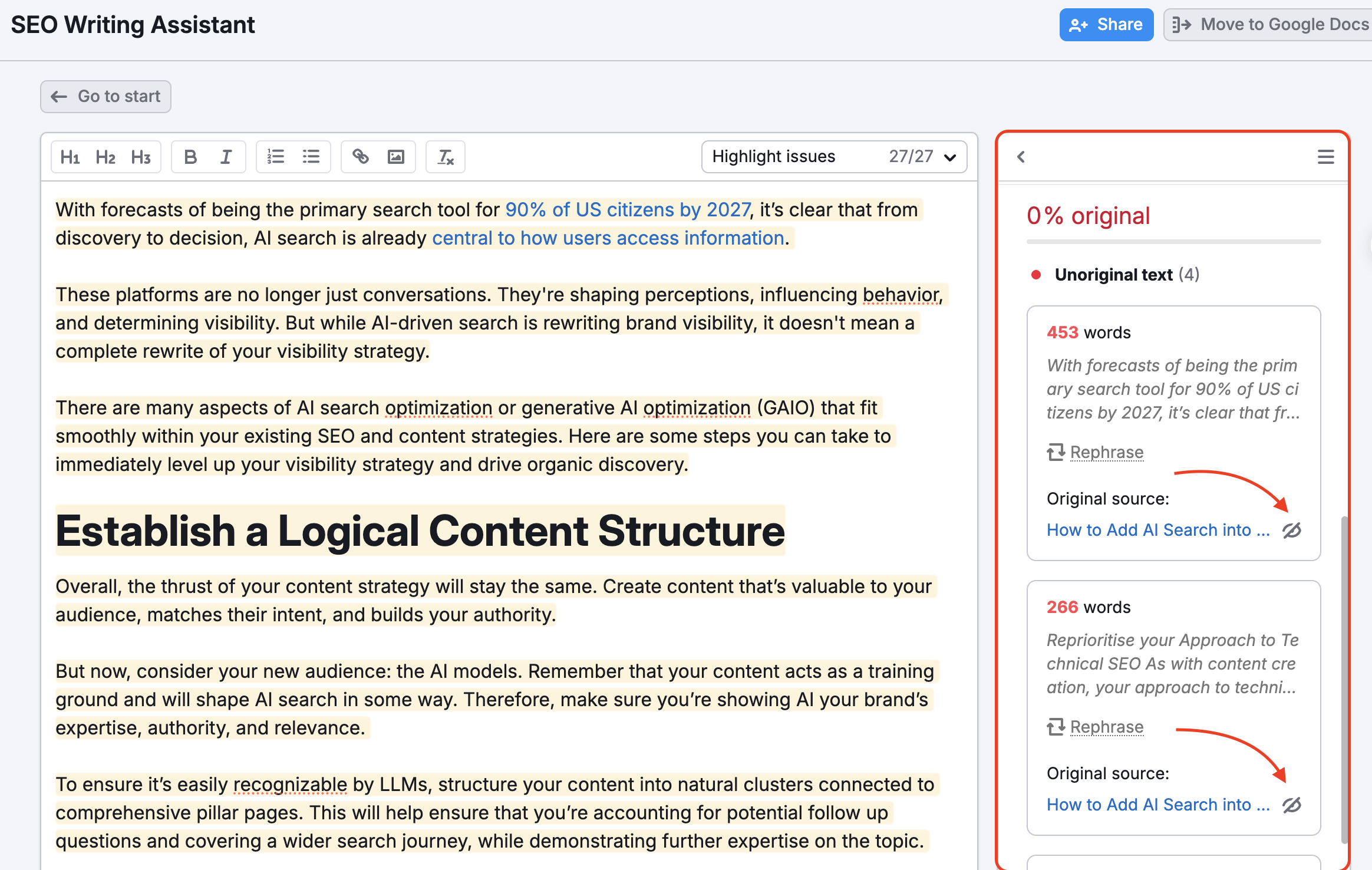 An example of different metrics affecting your originality score that can be found by scrolling down the menu. 
