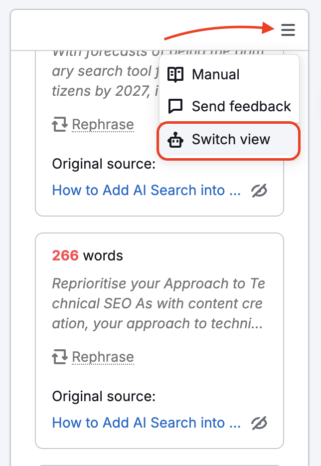 An arrow points to the menu button in the top-right corner of the tool, and the Switch view option is highlighted..