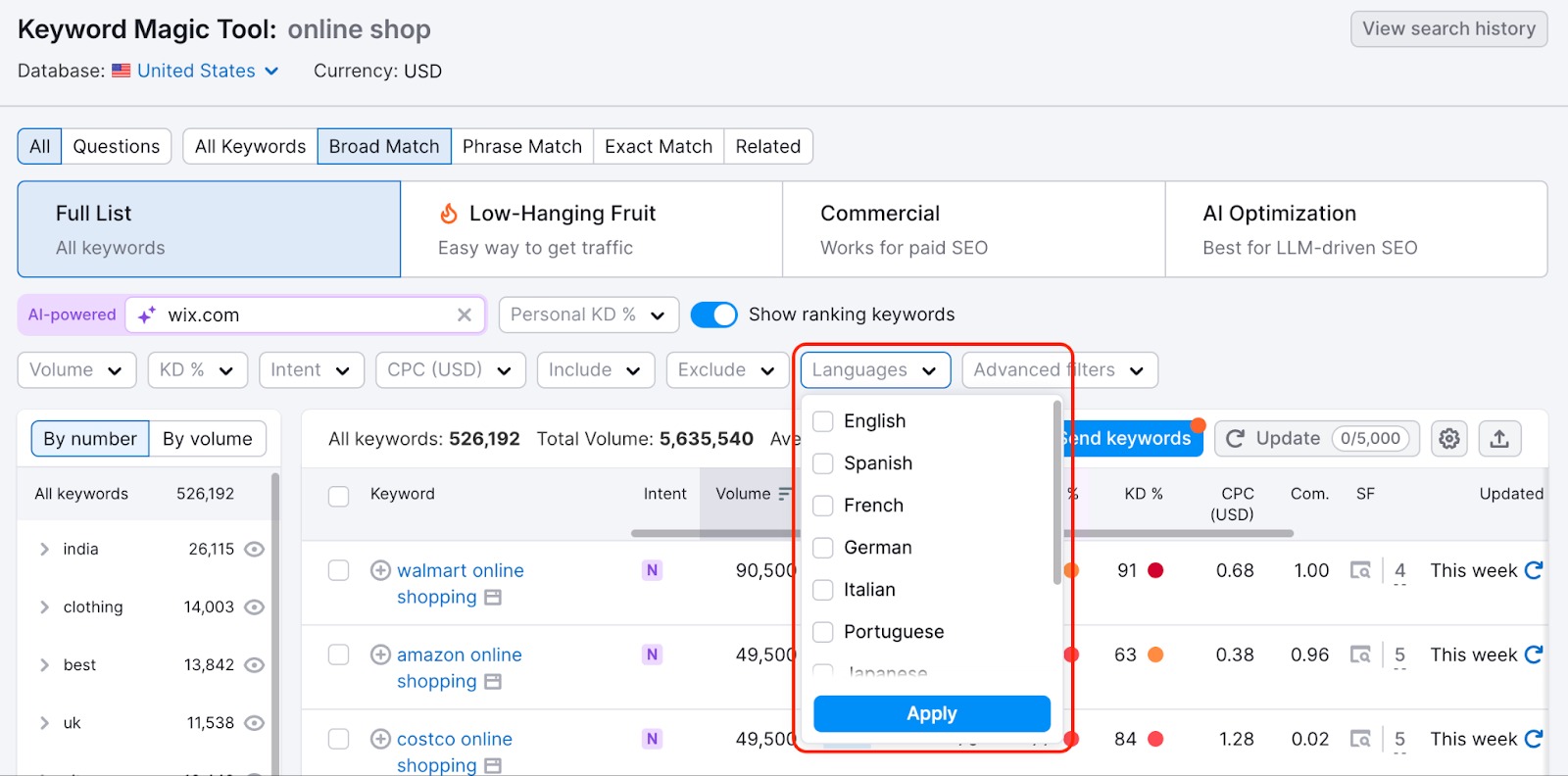 Keyword Magic Tool dashboard with a red rectangle highlighting the languages filter when opened up. 