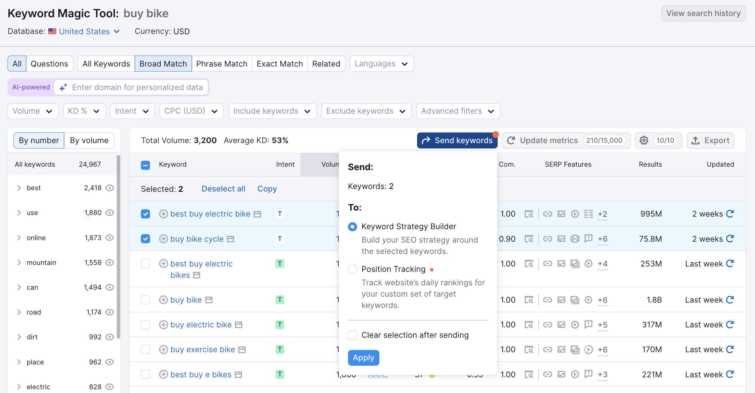 Keyword Magic Tool interface with several keywords selected and an arrow pointing to the Send keywords button.