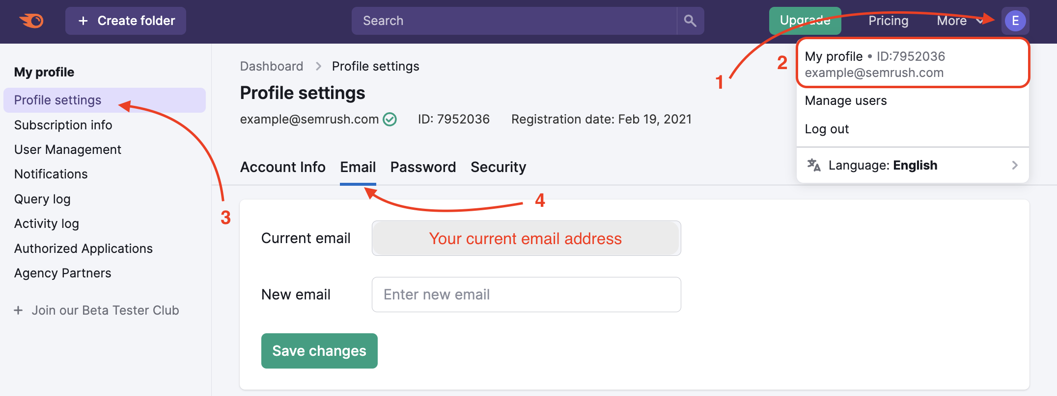El menú de mi perfil muestra cómo modificar tu email.