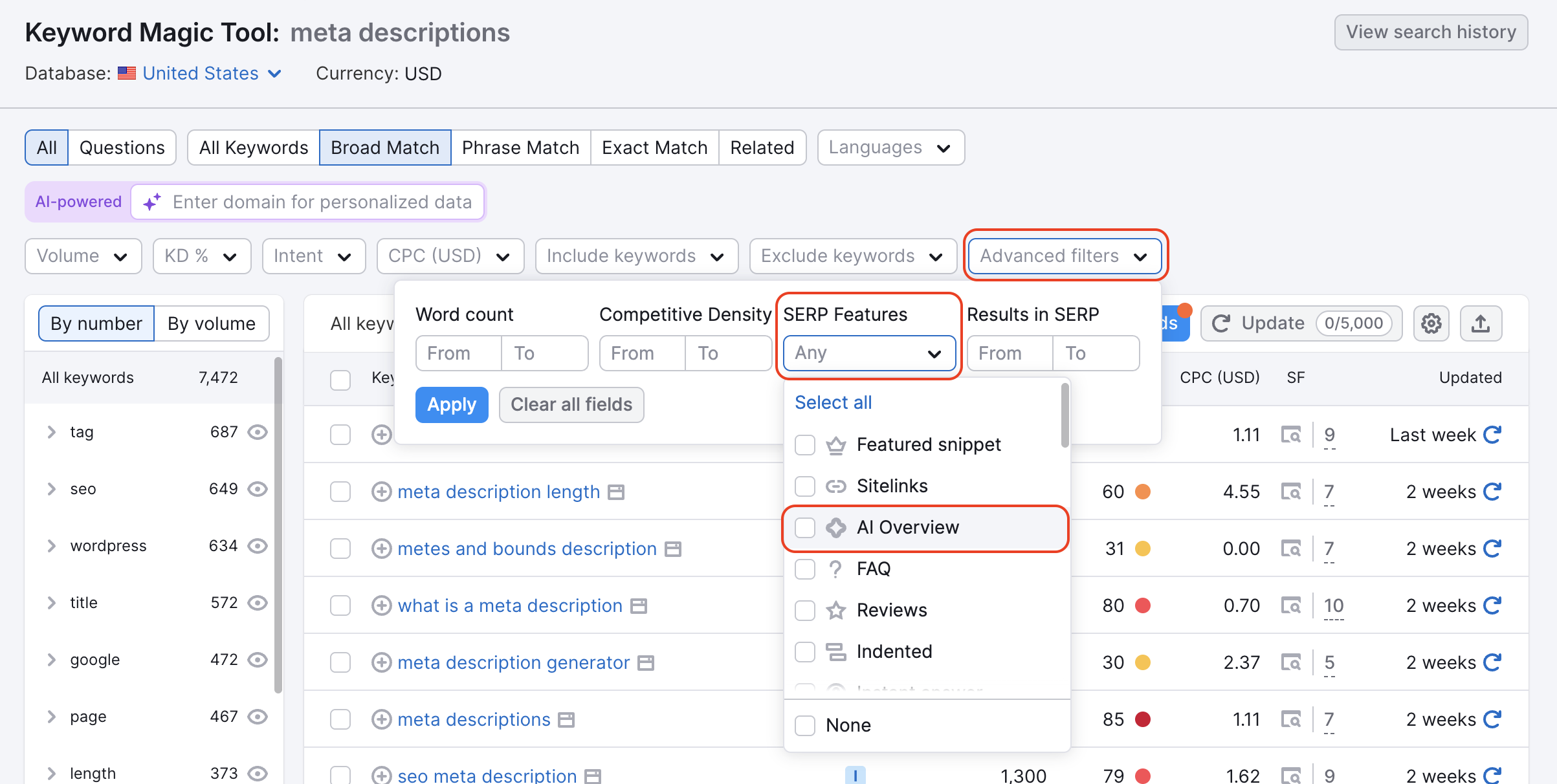 An example of the Keyword Magic Tool report. The Advanced filters and the AI Overview filter in the SERP features drop-down are highlighted. 