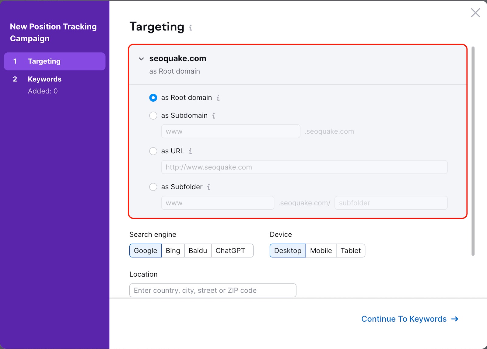 Position Tracking configuration window – Targeting. A red rectangle is highlighting the drop-down with the target selection.  