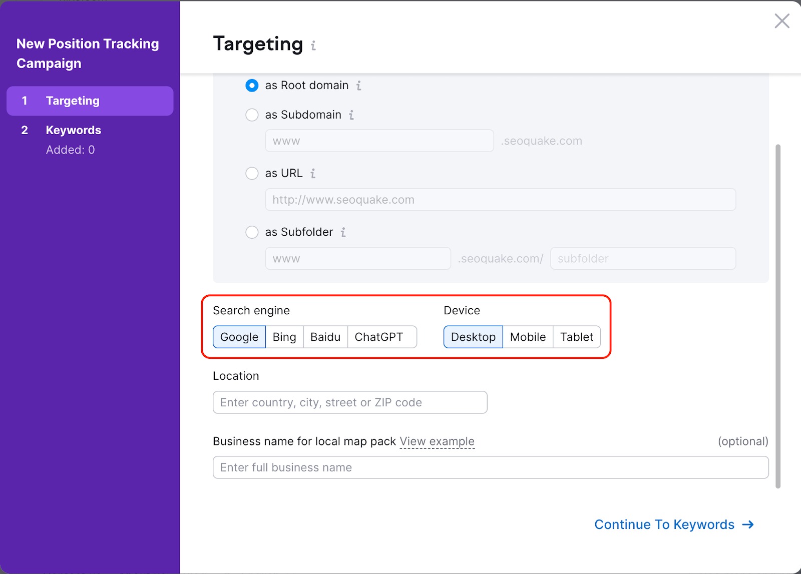 Position Tracking configuration window – Targeting. A red rectangle is highlighting the Search engine and Device buttons.  