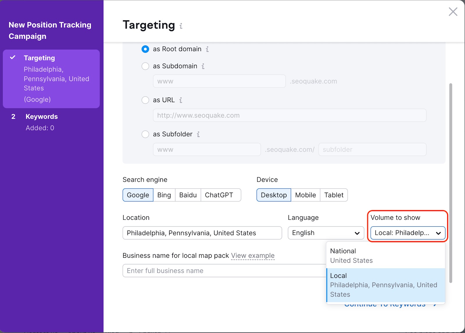 Position Tracking configuration window – Targeting. An example how to select a location and volume (national or local).