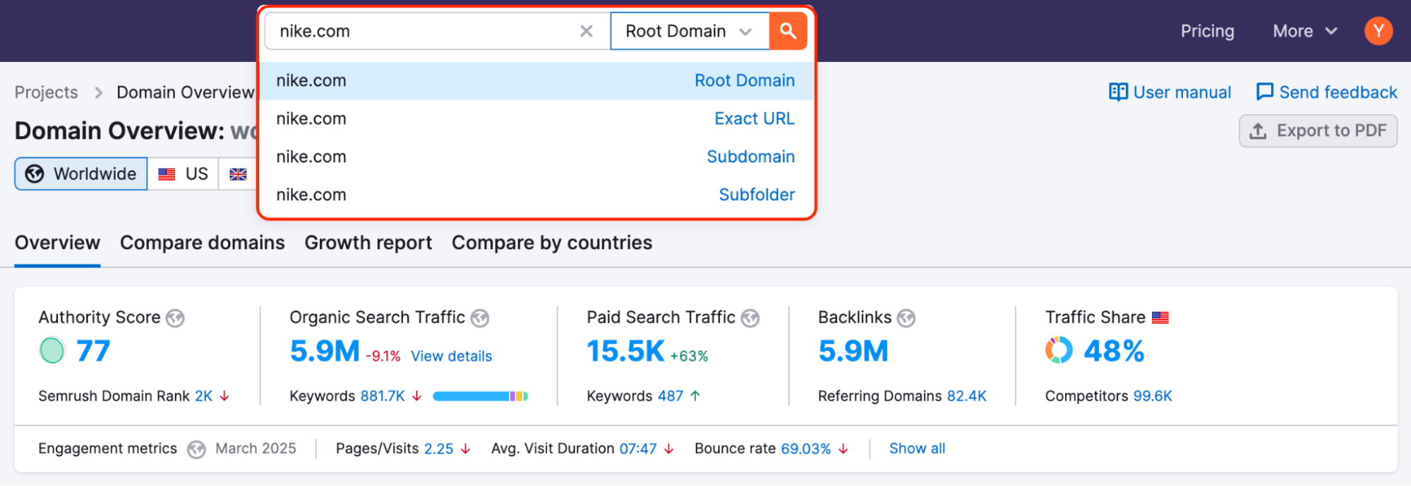 After entering a website into a search bar, open the dropdown menu via the arrow icon on the right. The list of available options (root domain, exact URL, subdomain, subfolder) will be available for selection.