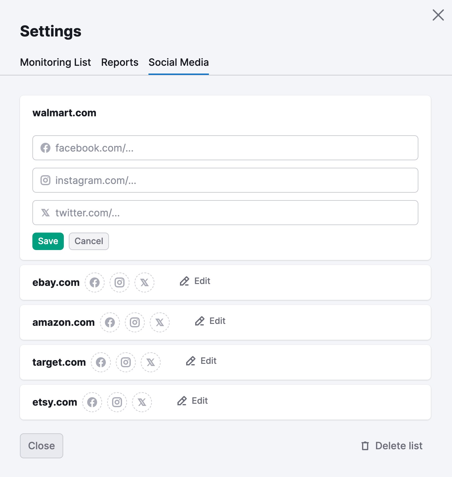 Settings wizard indicating that social media settings are not yet configured in EyeOn.