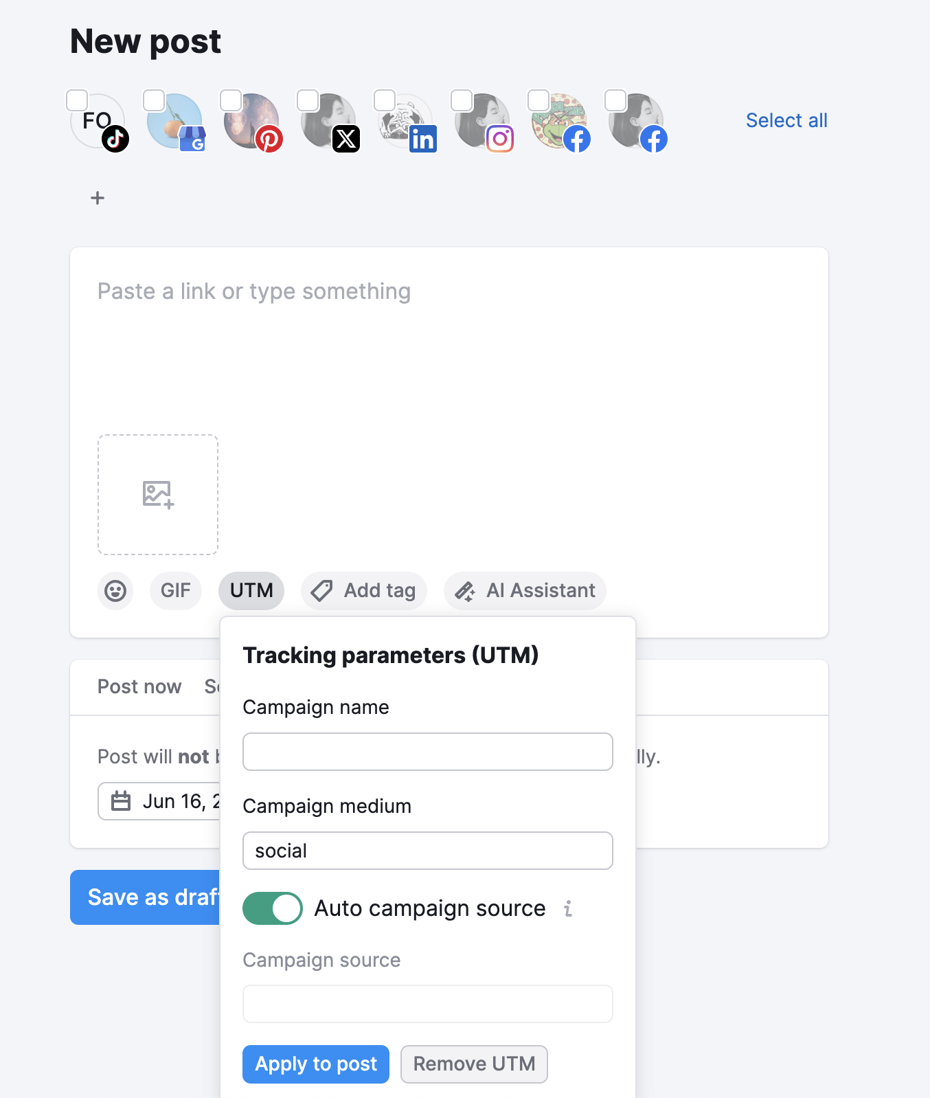 Social Poster post editor with the UTM settings drop-down expanded, allowing configuration of UTM parameters.