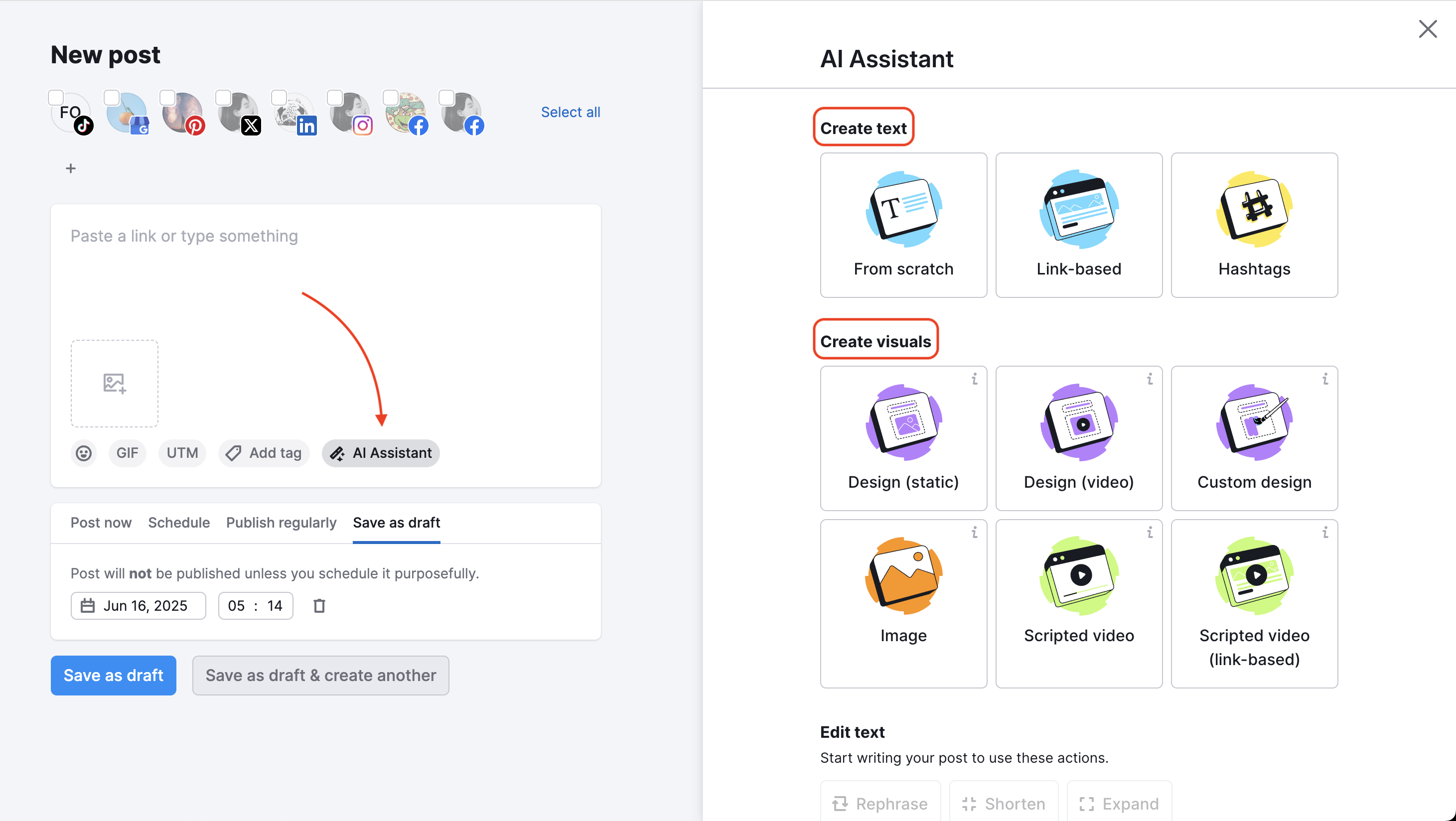 Post editor with a red arrow pointing to the AI Assistant button, which opens a right-hand menu offering options to create text or visuals.