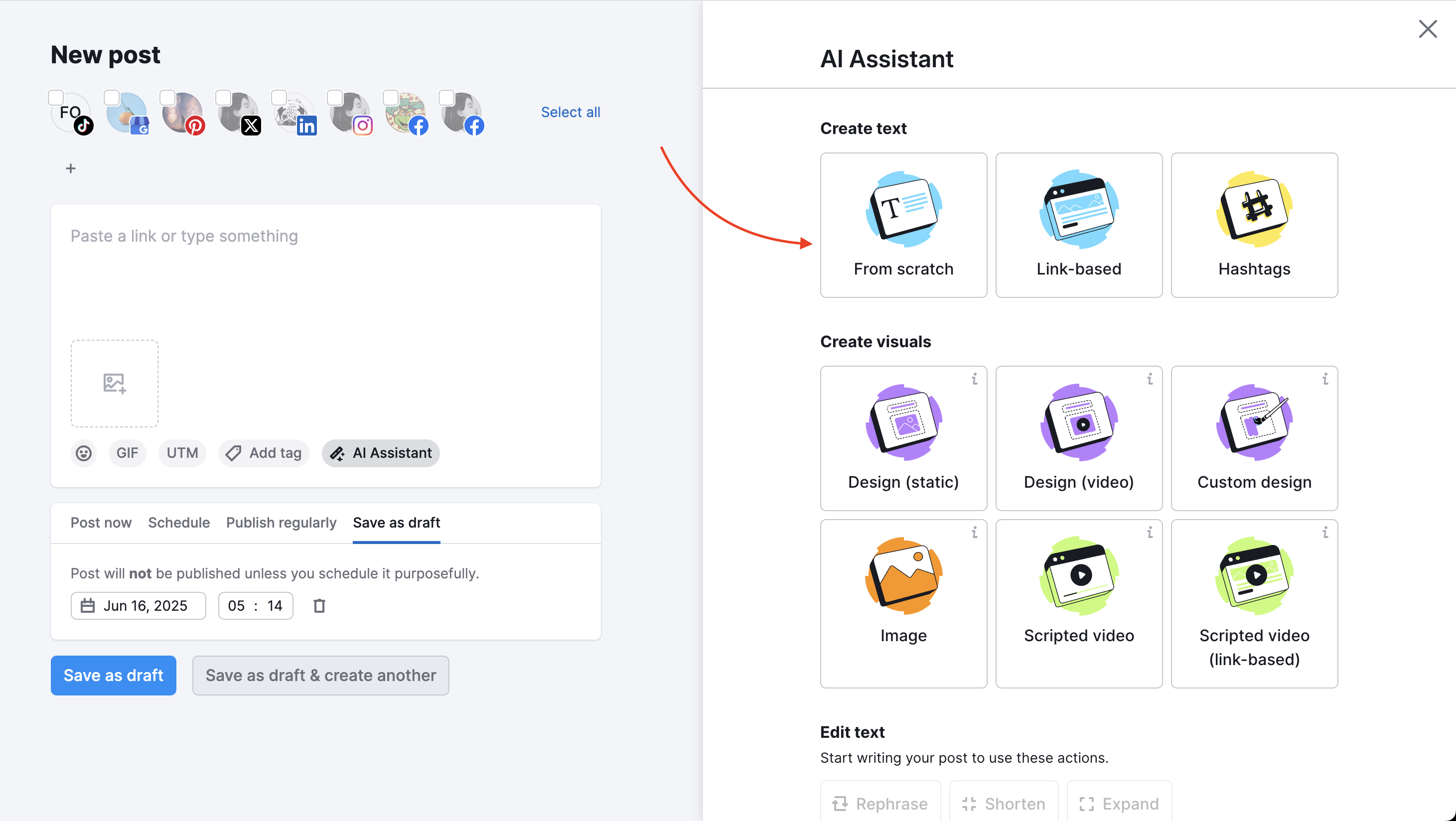 AI Assistant right-hand menu open, with a red arrow pointing to the Create text from scratch option.