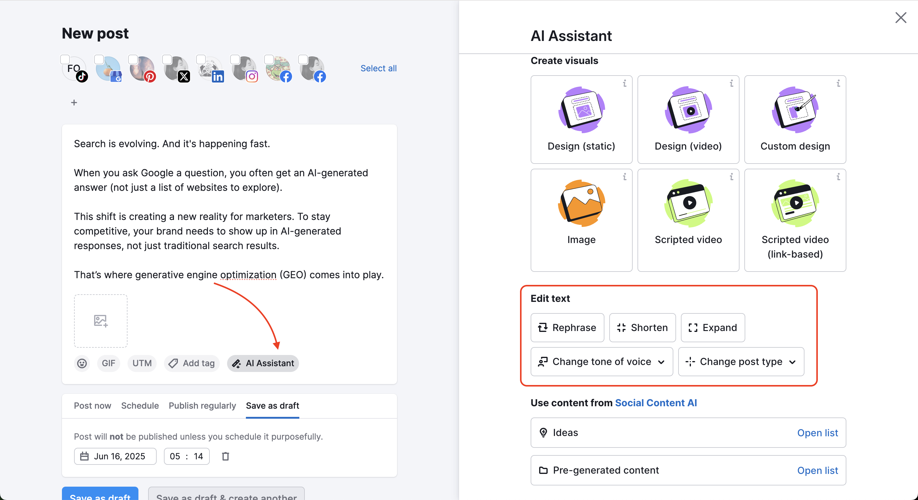 An arrow points to the AI Assistant button, which opens a right-hand menu with multiple options to edit post text.