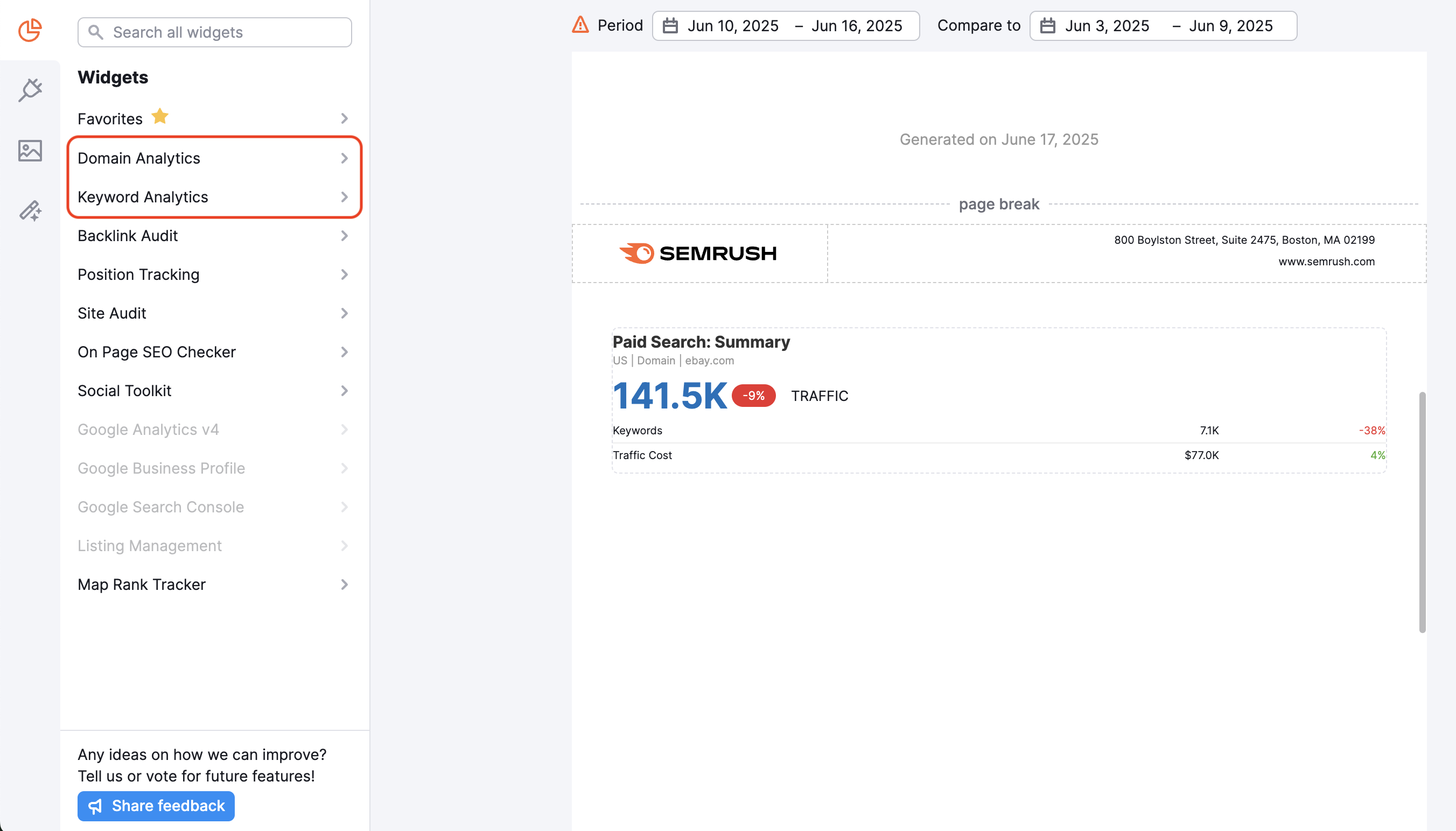 Semrush Analytics tools are highlighted with a red rectangle in the left menu.