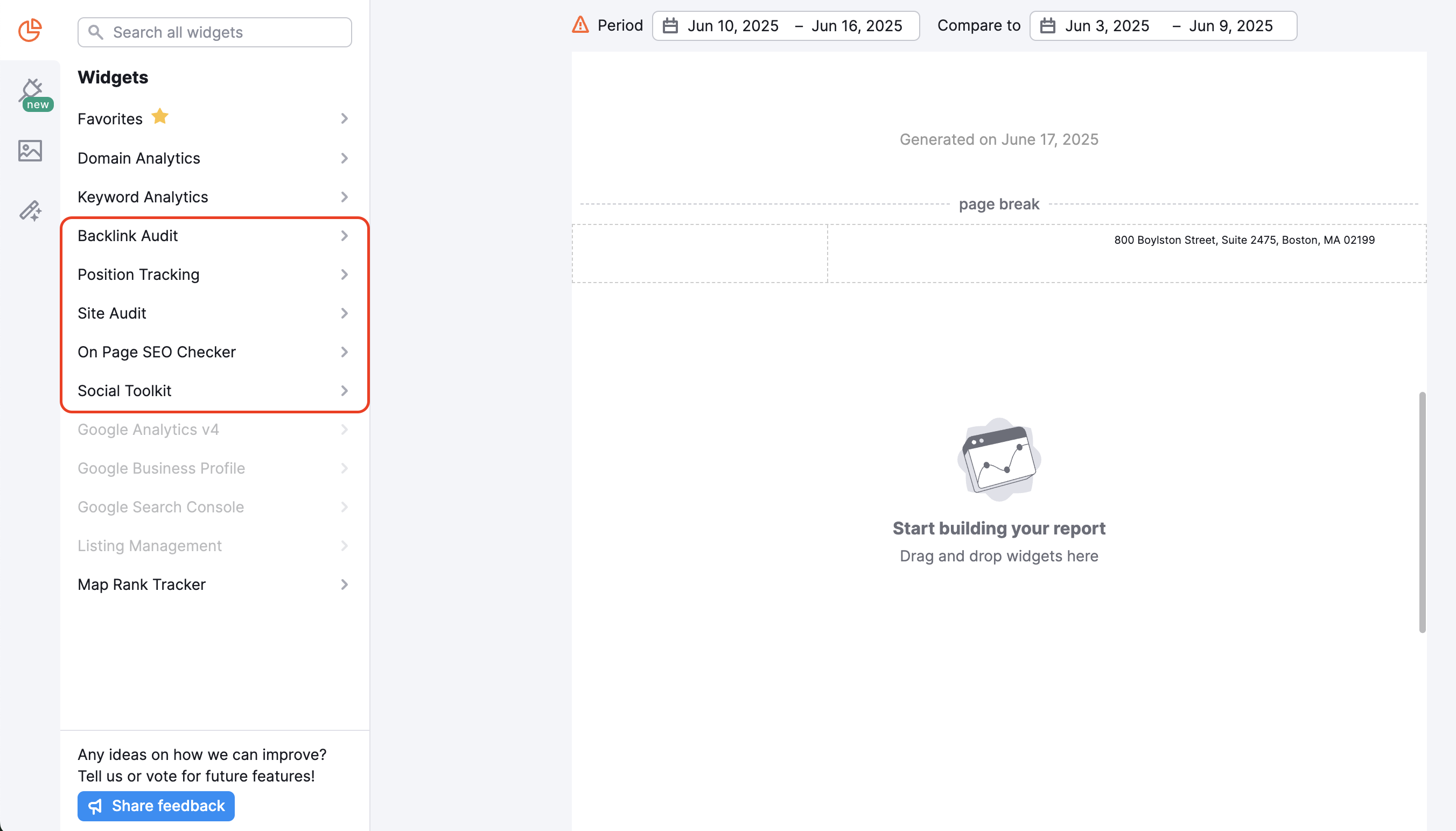 Semrush Project tools are highlighted with a red rectangle in the left menu.
