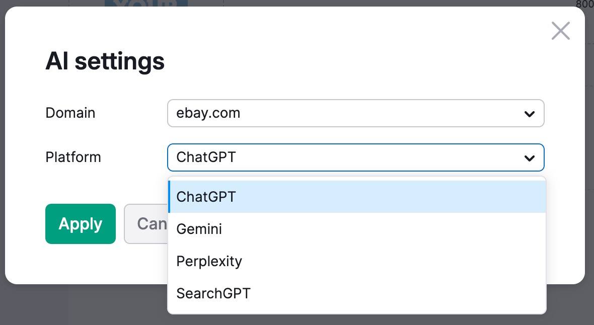 AI settings wizard with the Platform dropdown menu expanded, showing selectable options including ChatGPT, Gemini, Perplexity, and SearchGPT.