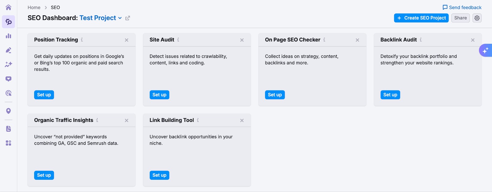 Project dasboard of a completely new project. None of the tools are set up yet, and each project tool widget on page has a blue Set up option provided.