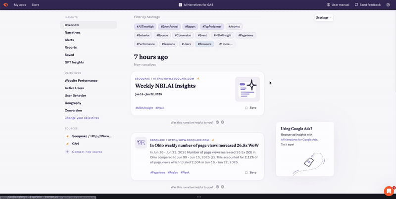 Setting up your notifications in the AI Narratives for GA4.