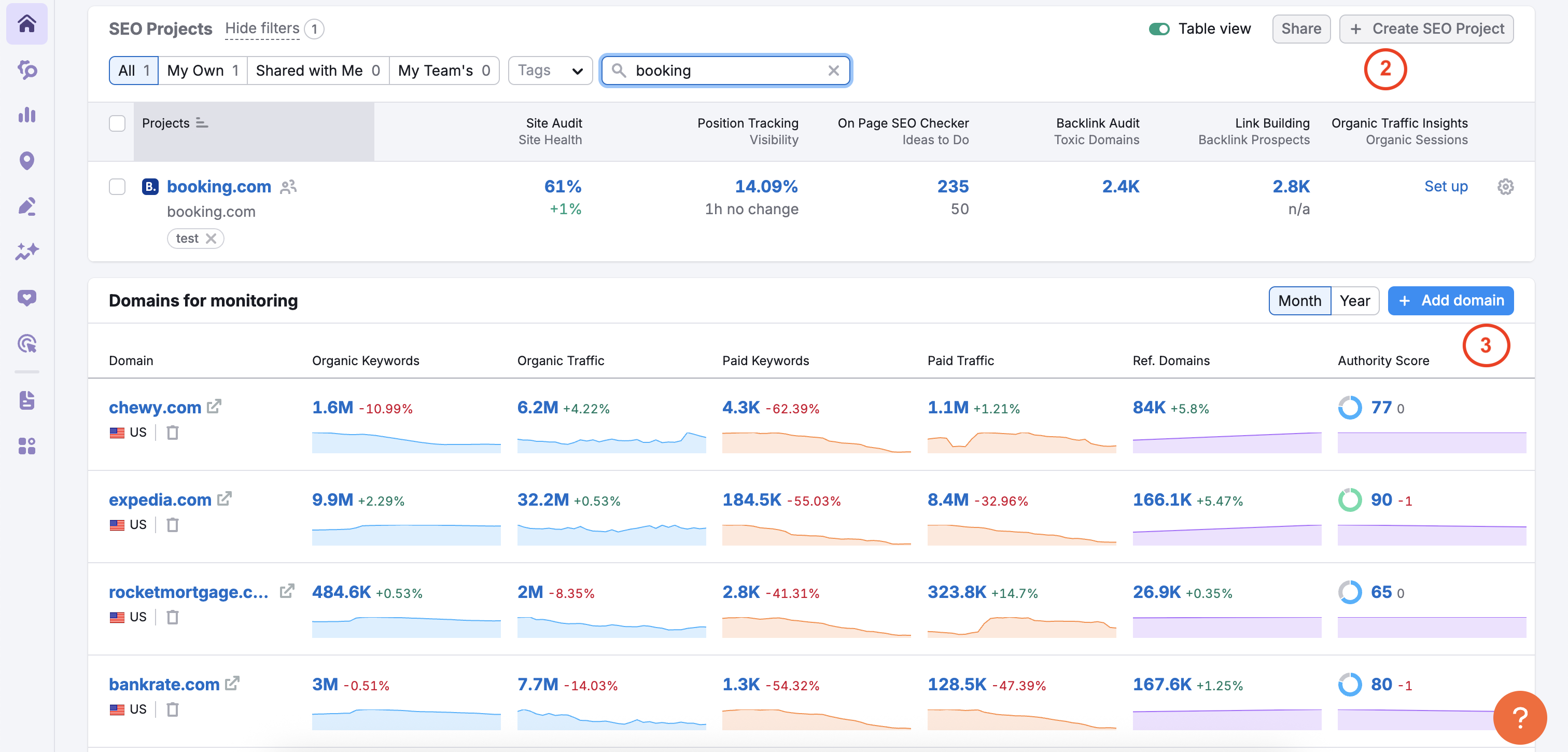 An example of the SEO Projects table.