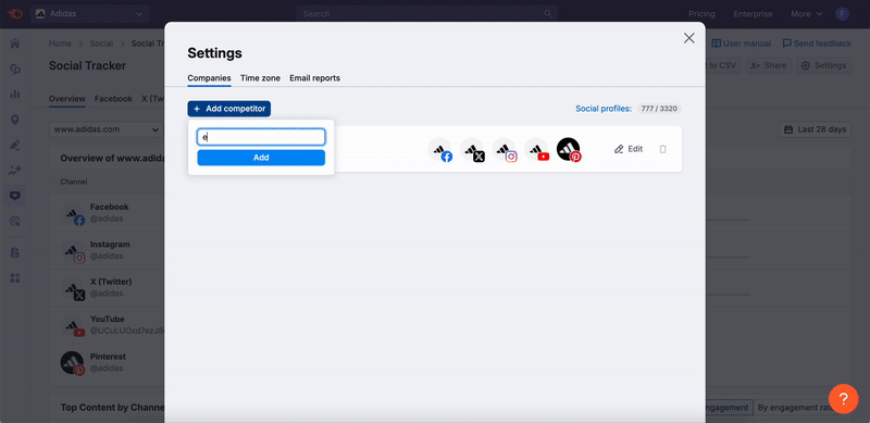 Social Tracker settings widget with an example how to add competitors. GIF demonstrates that social media channels will be connected to the newly added competitor automatically.