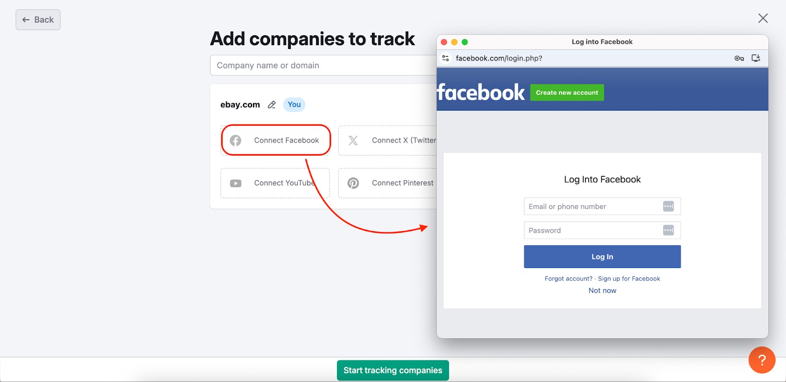Social media accounts connection widget in Social Tracker.