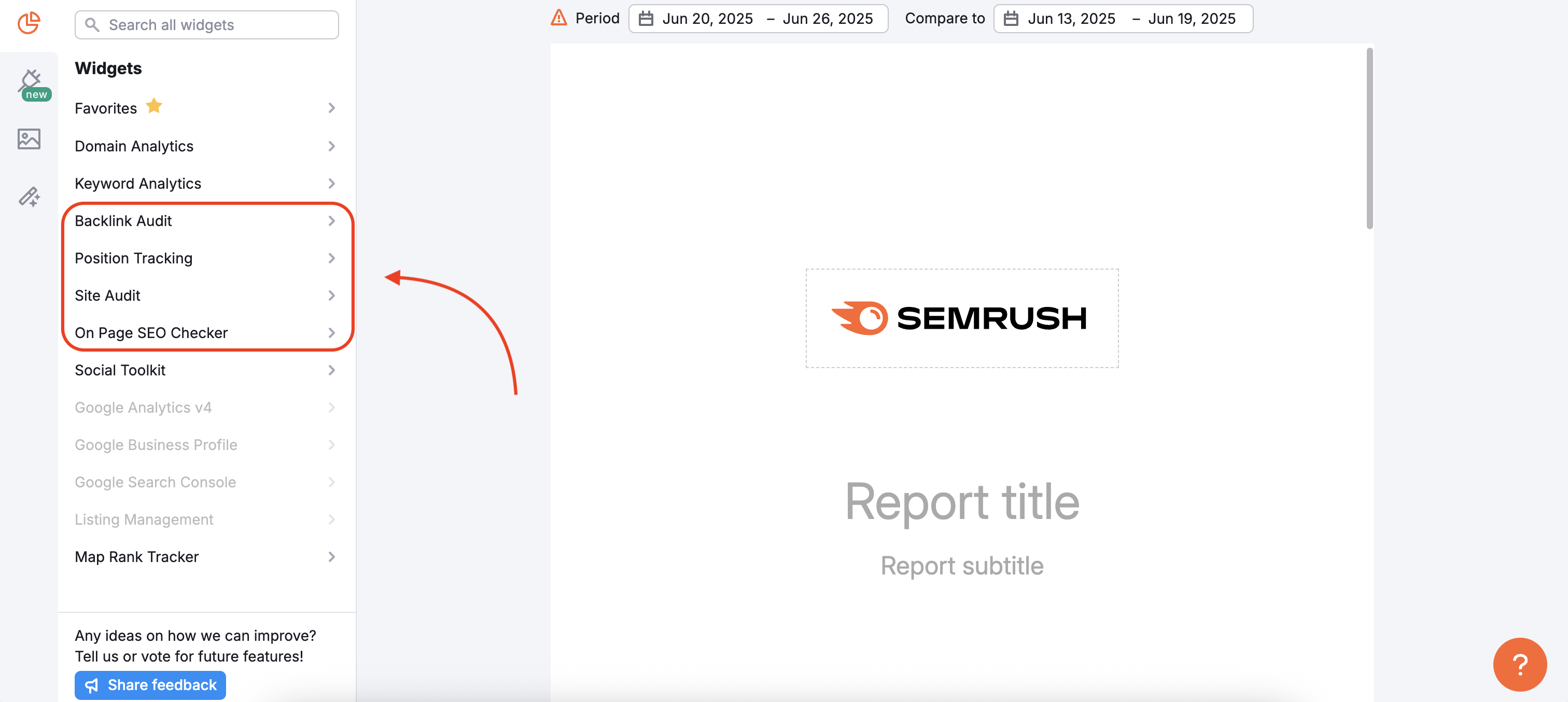 Semrush Project tools are highlighted with a red rectangle in the left menu.