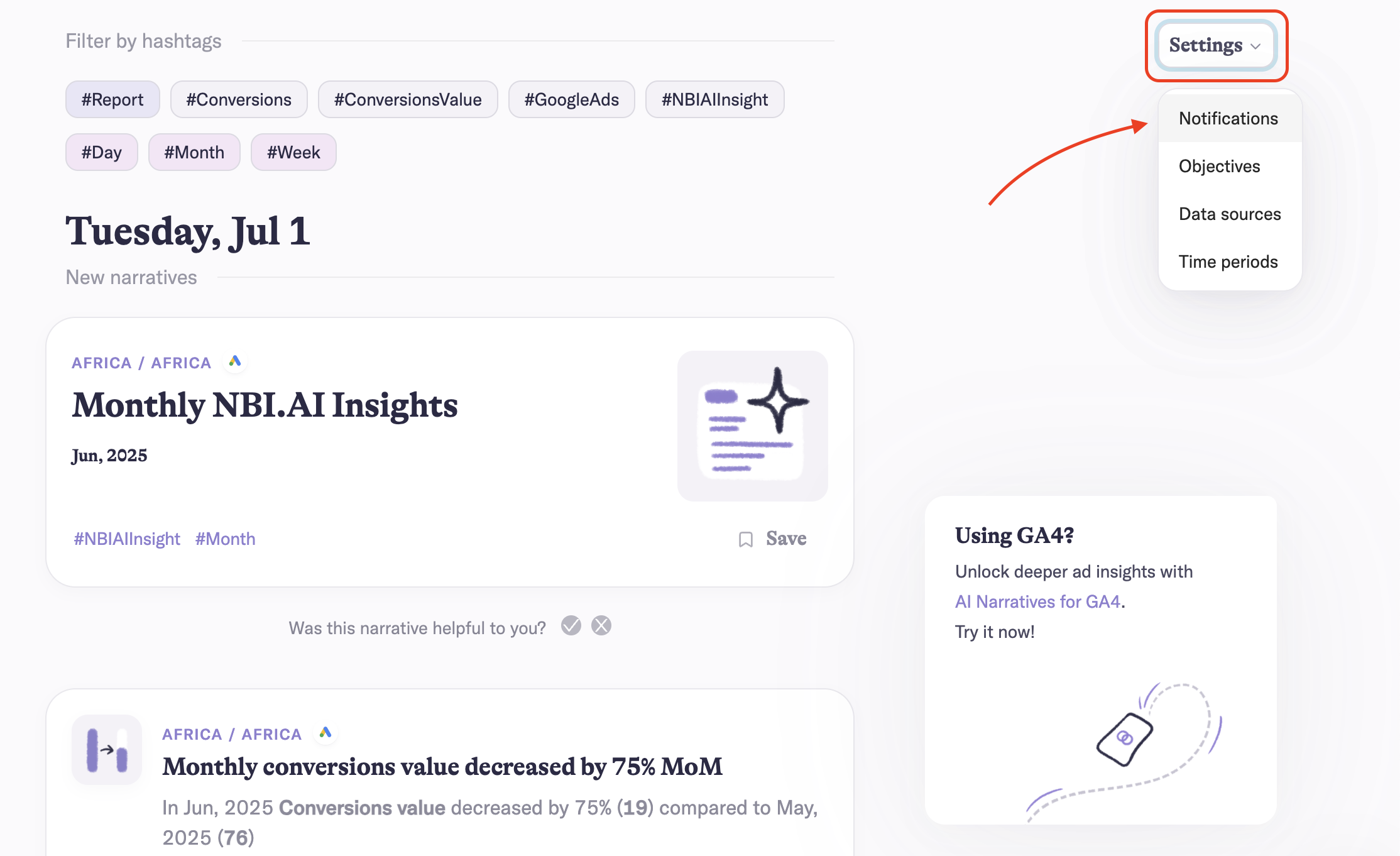 Editing notification settings in AI Narratives for Google Ads.