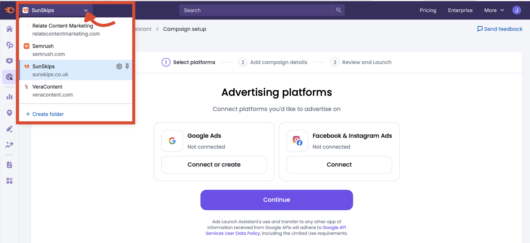 The folder selection menu in Ads Launch Assistant.