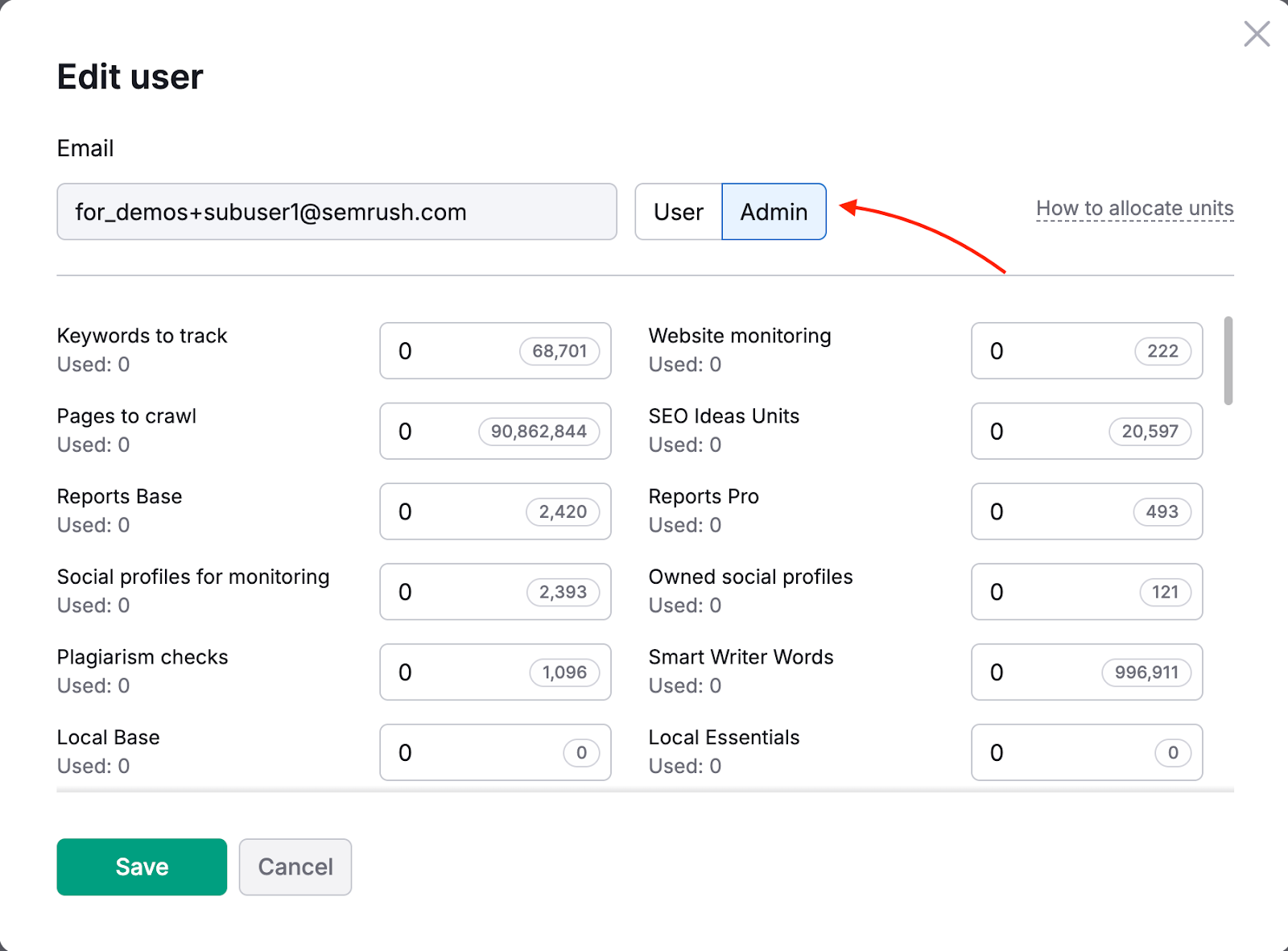 Seta vermelha destacando o número de unidades disponíveis para distribuição.