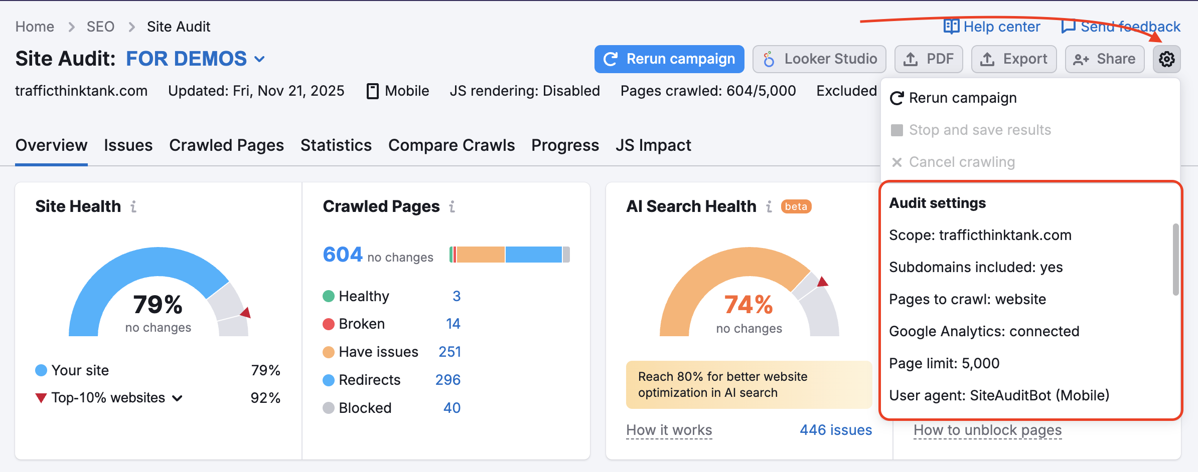 Site Audit Overview report with the settings menu opened via the gear icon on the top right. The settings menu is a dropdown and can be scrolled down for additional settings options. The list of such options is highlighted with red, as well as the gear icon, to make them easier to find.