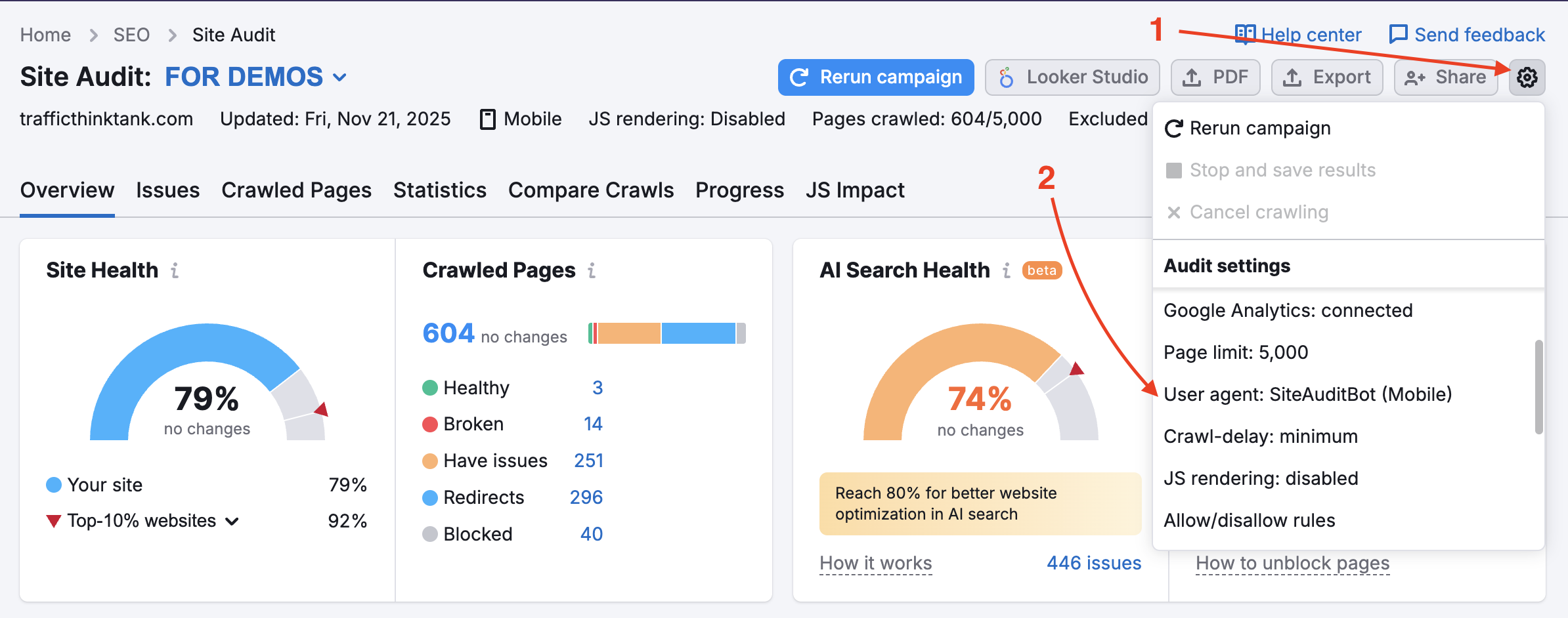 Instruction on where to find the user agent settings in Site Audit. In Overview report, the gear icon on the top right is highlighted to indicate the dropdown menu that opens when user clicks on it. The settings menu can be scrolled down to find the exact settings needed, user agent setting in this case (this line is highlighted in the menu as well).