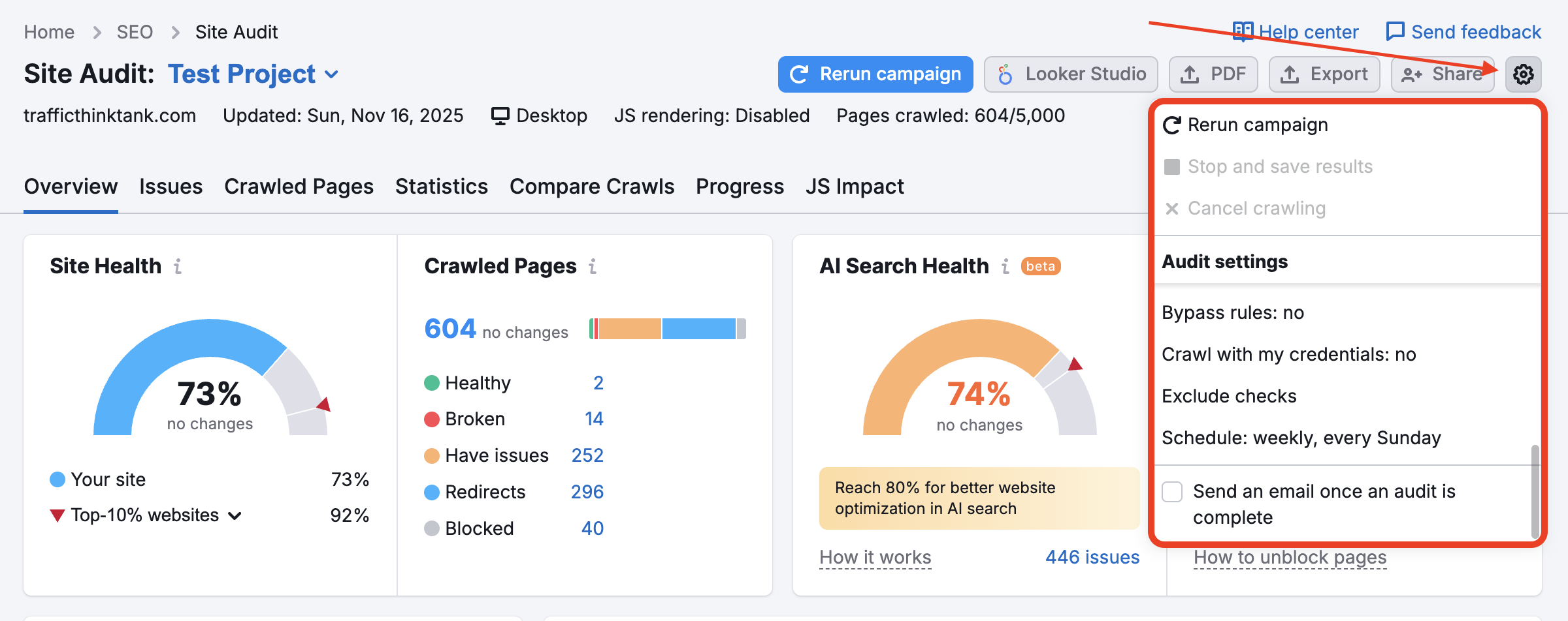 Emplacement des paramètres dans Audit de site.