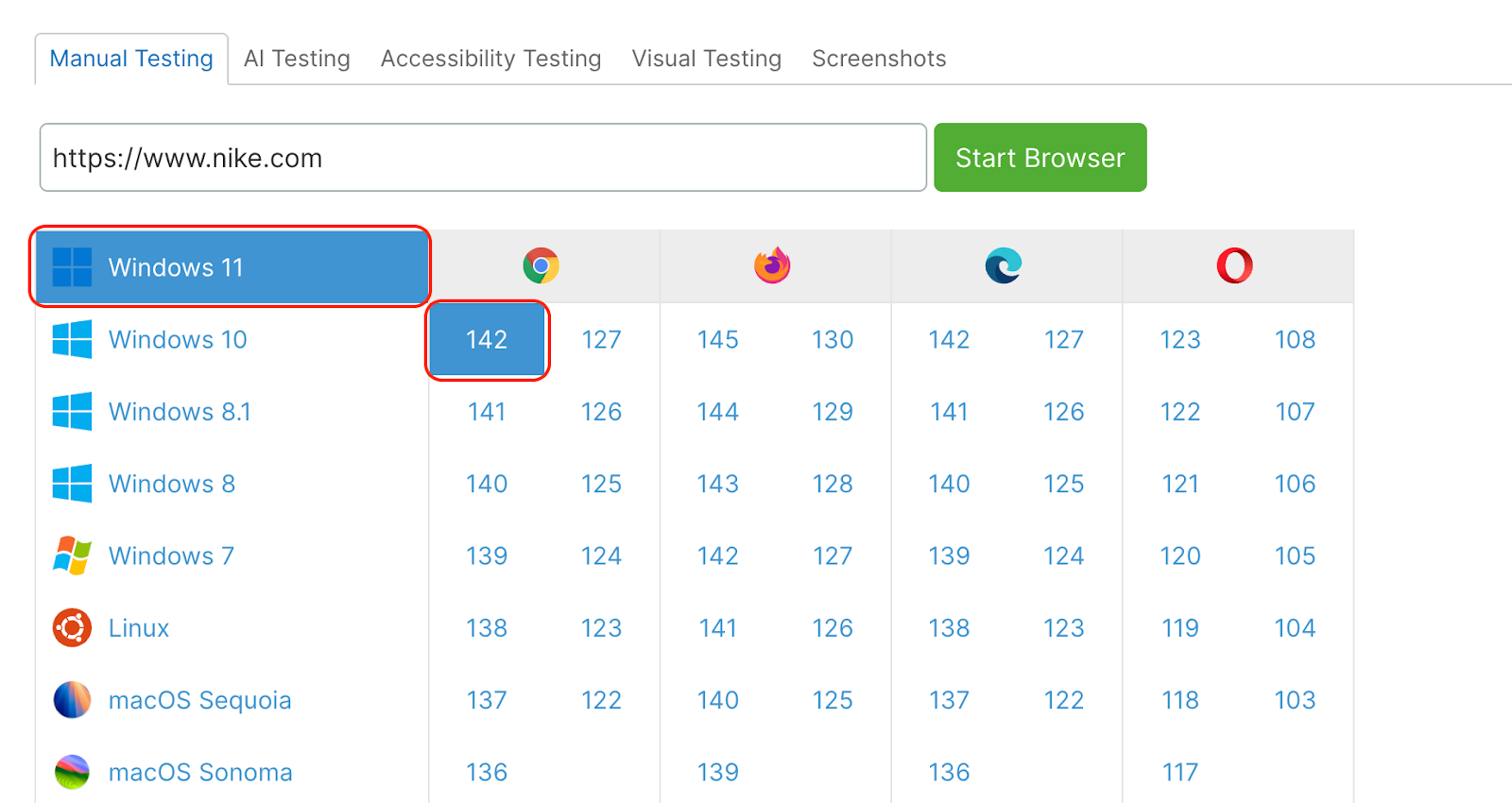 Select a browser version.
