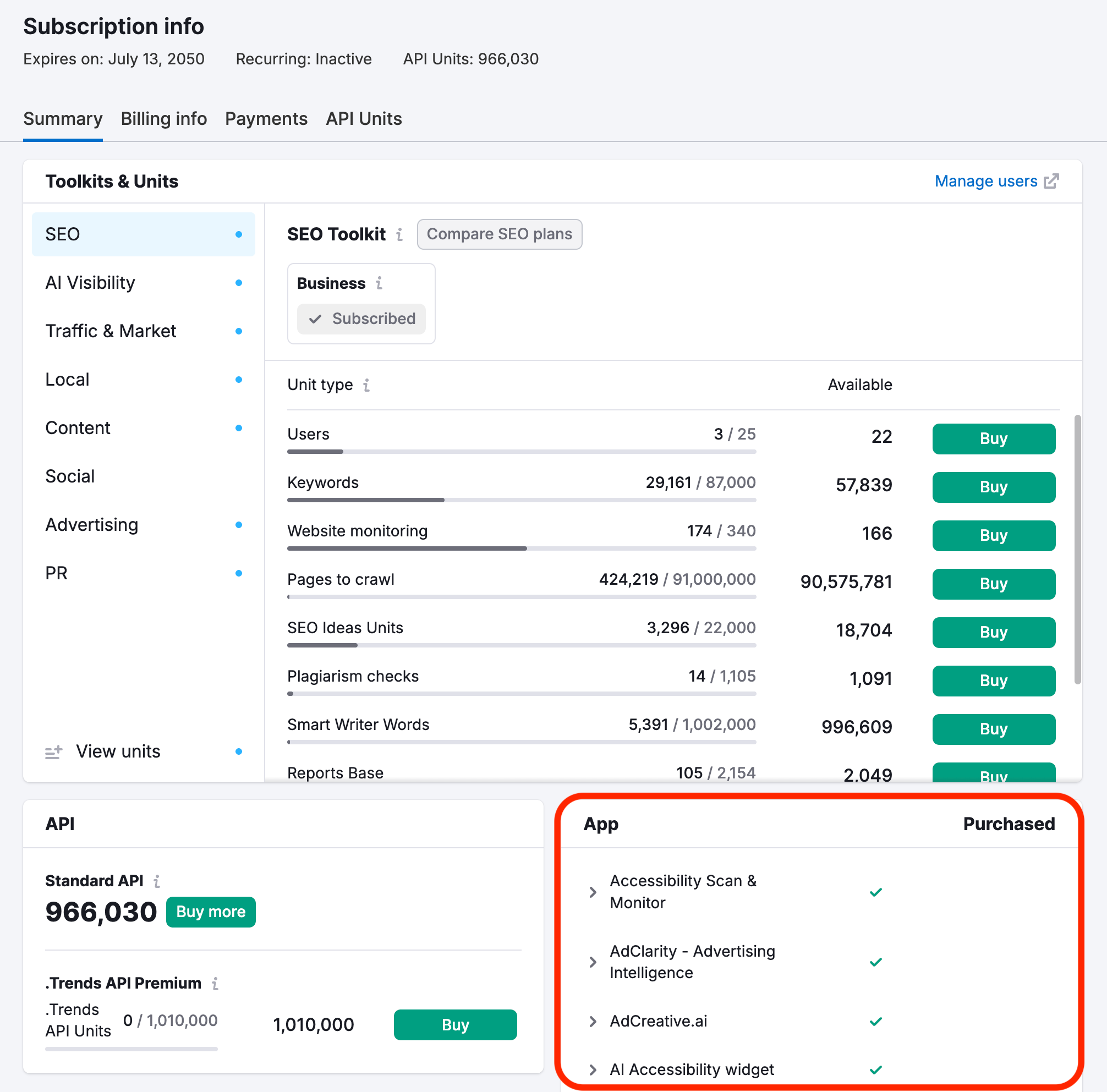Página de Información de suscripción mostrando la sección Apps resaltada.