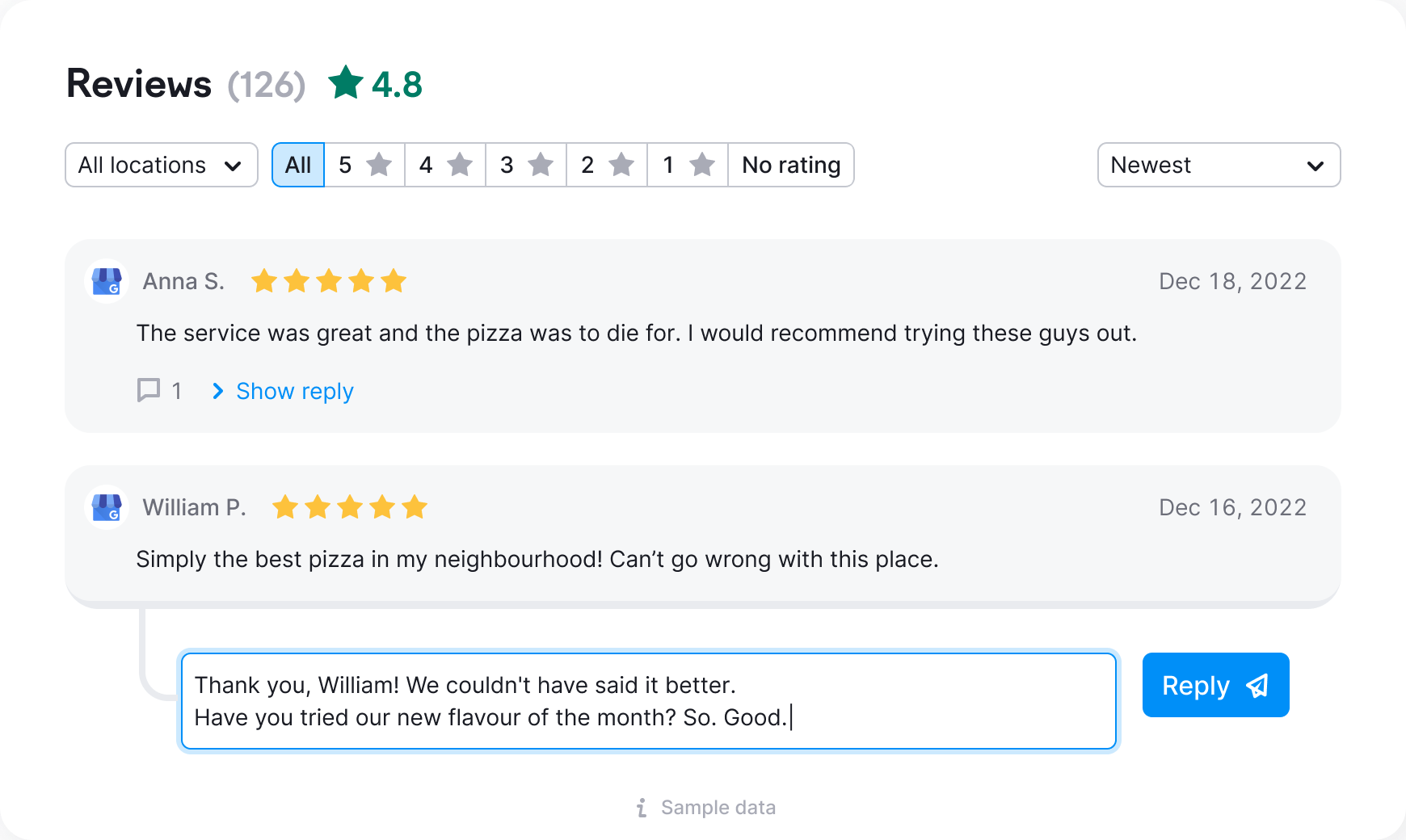 The user interface of our review management service, which allows you to see all your reviews in one place.