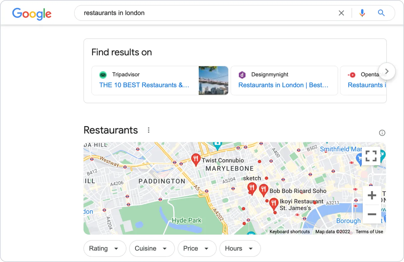A result from top travel directory Tripadvisor appears in position zero on the SERP for “restaurants in London”