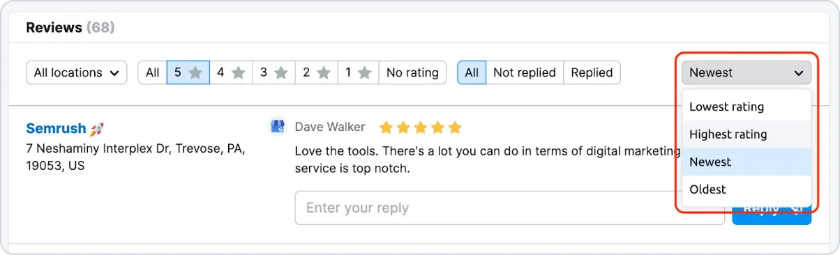 This Semrush interface makes it easy to learn how to respond to Google reviews
