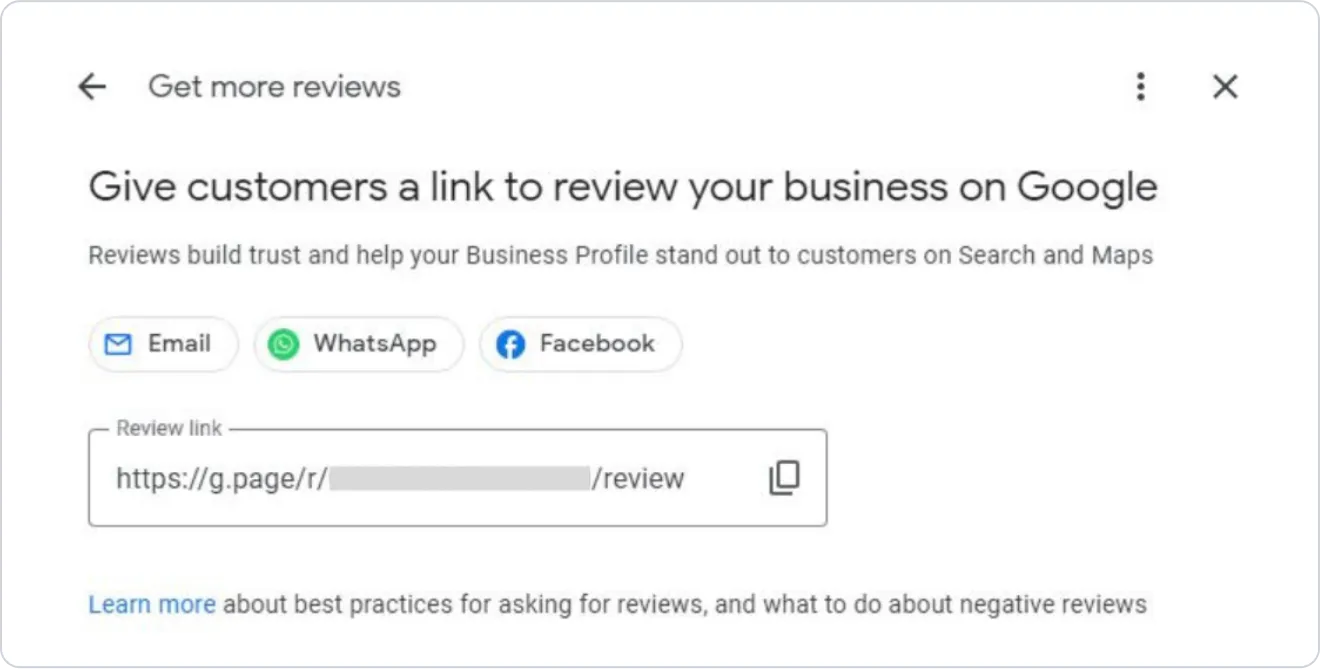 Generate reviews by sharing this Google link