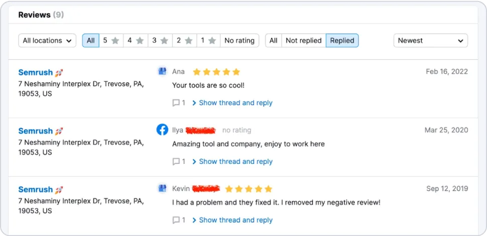 Check all your reviews in one tab and reply directly with SemrushÂ´s Listing Management tool.