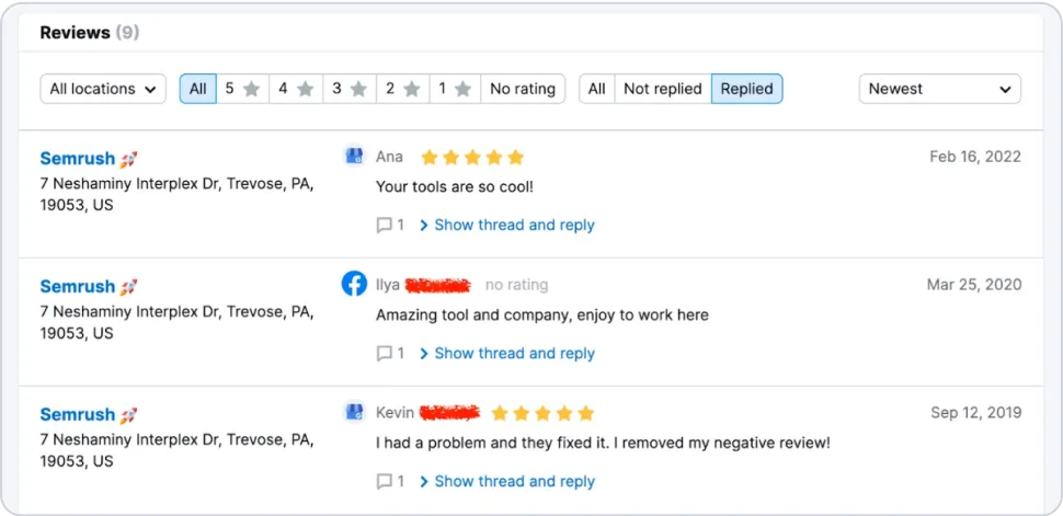 Semrushâs Listing Management comes with a review management tool that lets businesses see how their customers sentiments across several top directories in a single tab.