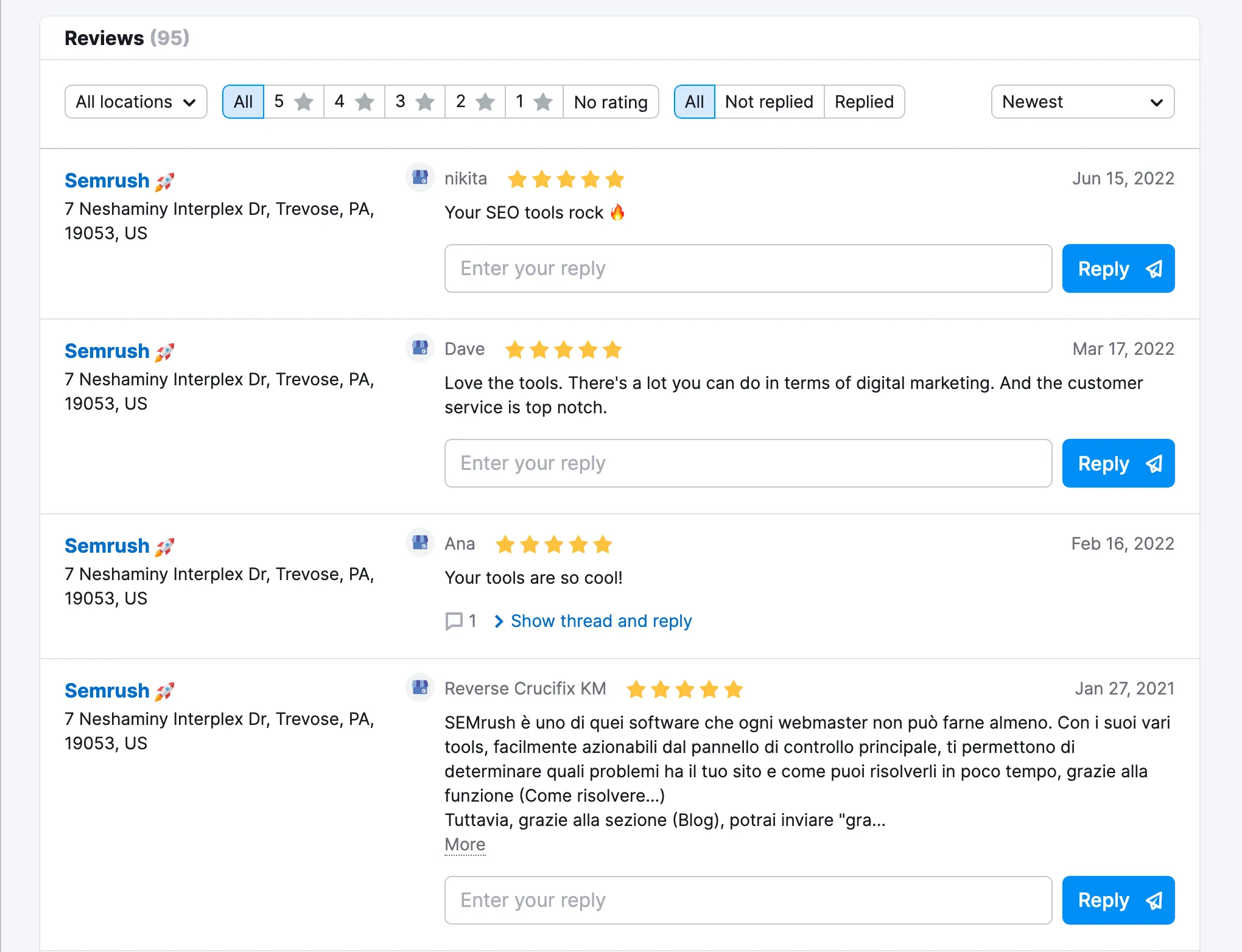 Respond easily to all reviews from several platforms in one place with SemrushÂ´s Listing Management tool.